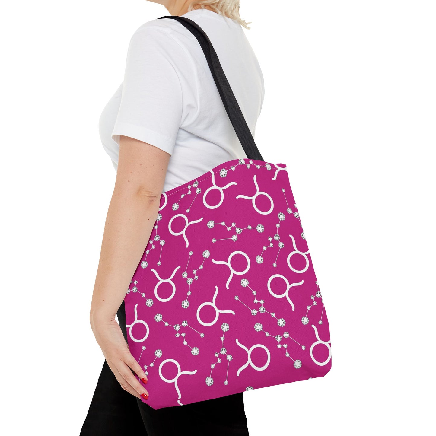 Tote Bag, Taurus Zodiac Sign, AOP, (Pink, White)