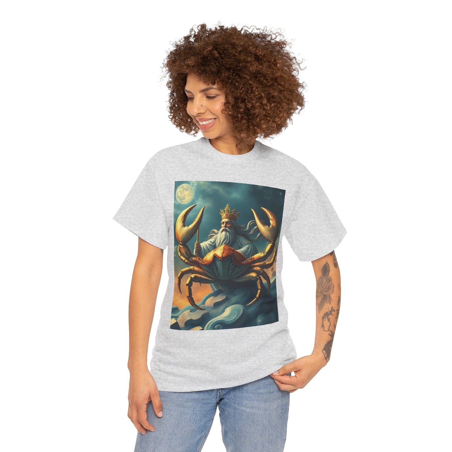 Unisex Heavy Cotton T-Shirt, Crustacean King v1, Cancer Zodiac Design