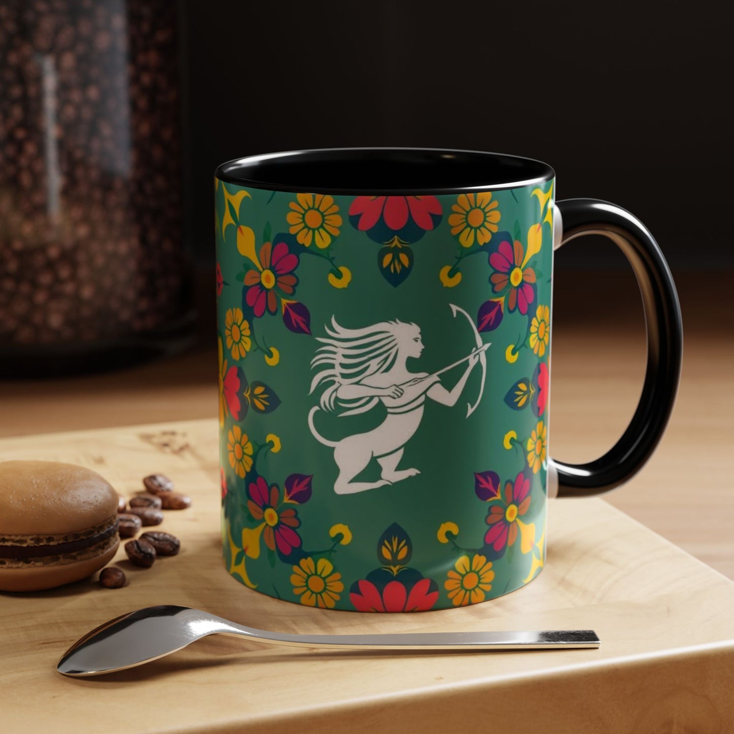 Accent Coffee Mug, Sagittarius, Zodiac. Flower Pattern, (11, 15oz)