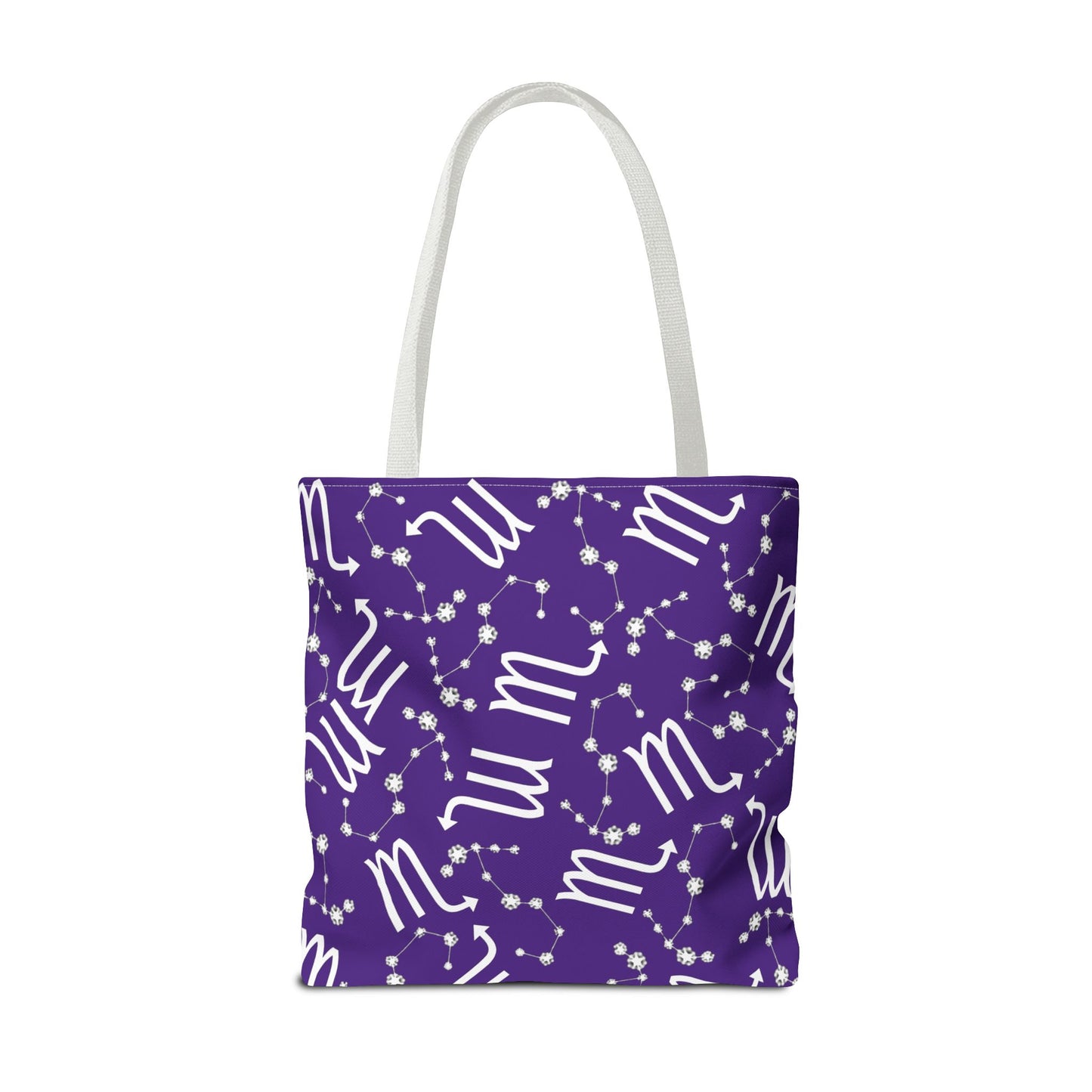Tote Bag, Scorpio Zodiac Sign, AOP, (Purple, White)