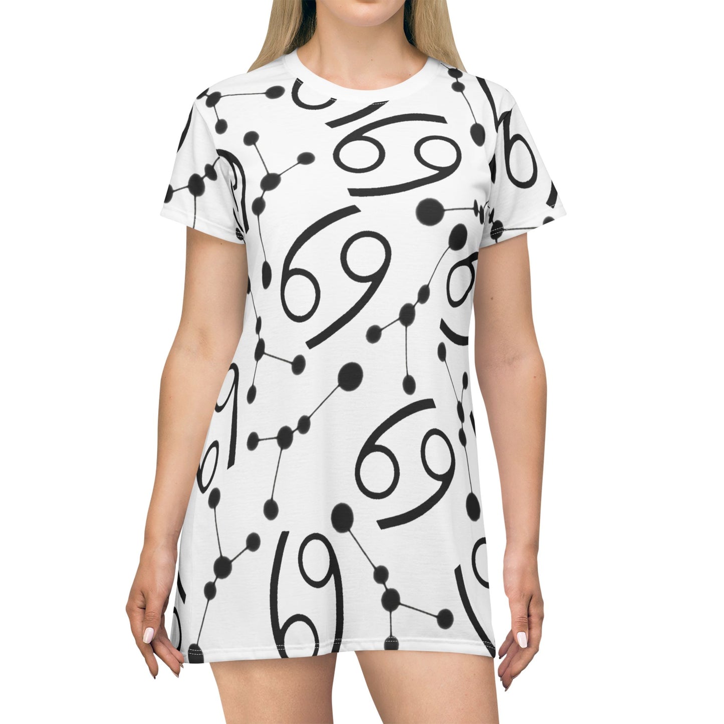 T-Shirt Dress (AOP), 100% Polyester, White thread color, Cancer Zodiac design