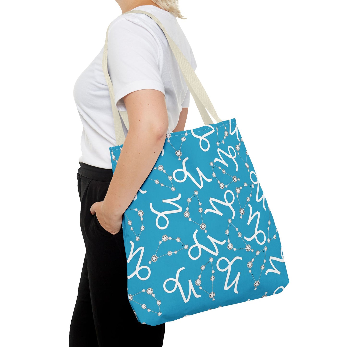 Tote Bag, Capricorn Zodiac Sign, AOP, (Turquoise, White)