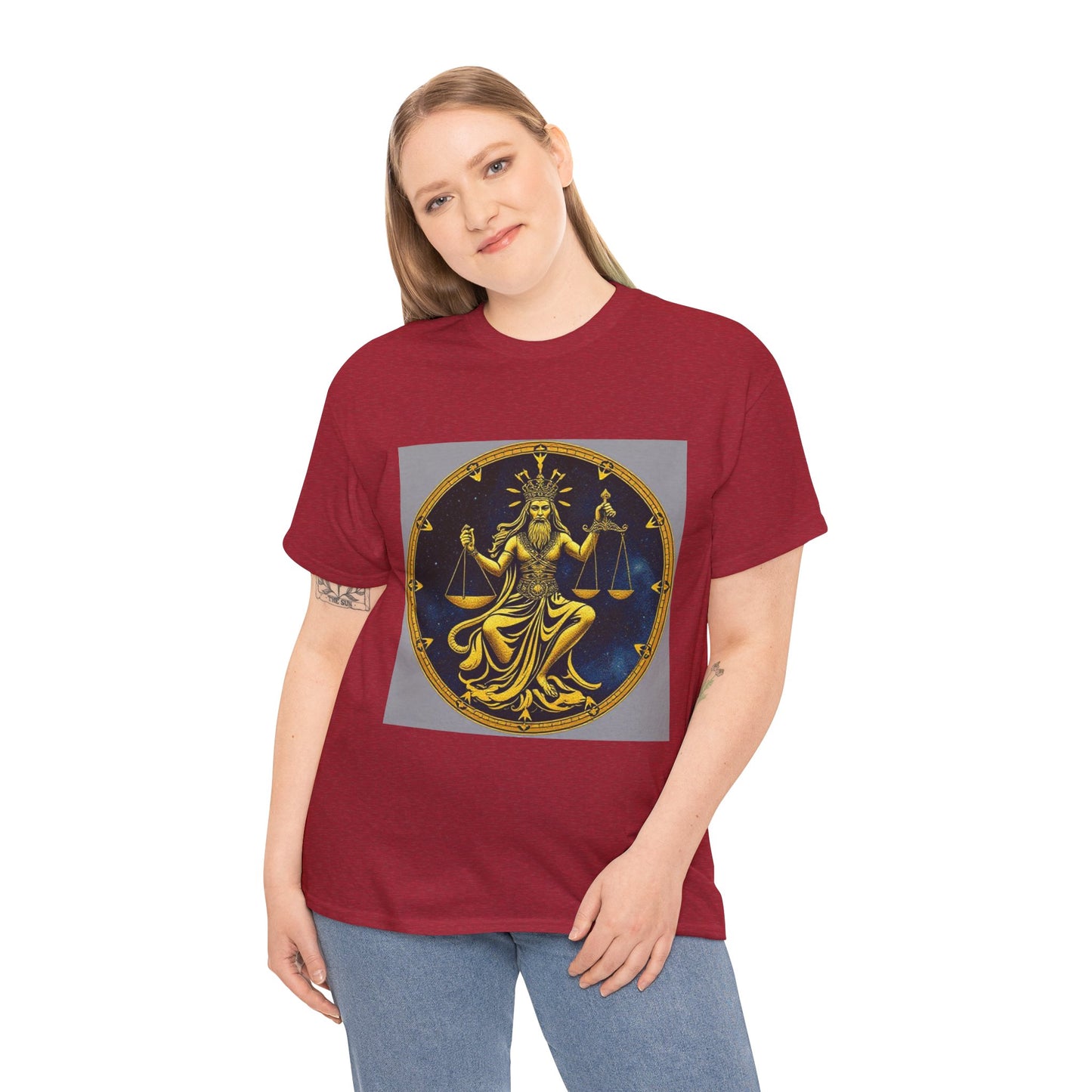 Unisex Heavy Cotton T-Shirt, Gold Libra God, Zodiac Design