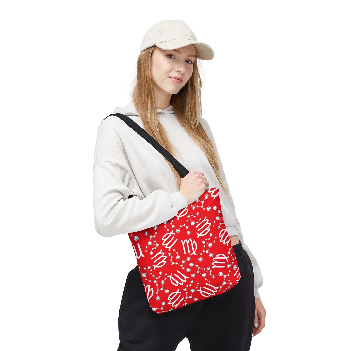 Tote Bag, Virgo Zodiac Sign, AOP, (Red, White)