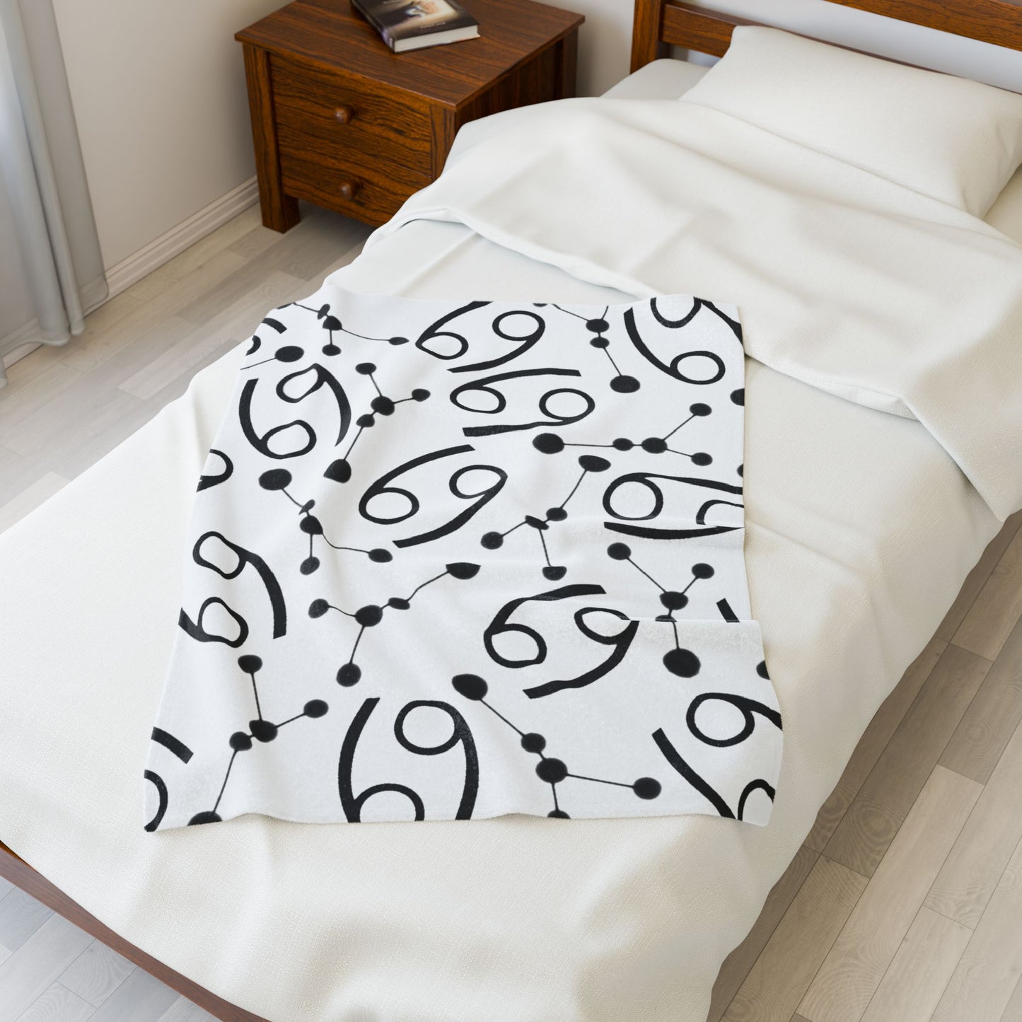Velveteen Plush Blanket, Cancer Zodiac Sign, Constellation & Symbol, White, 100% polyester