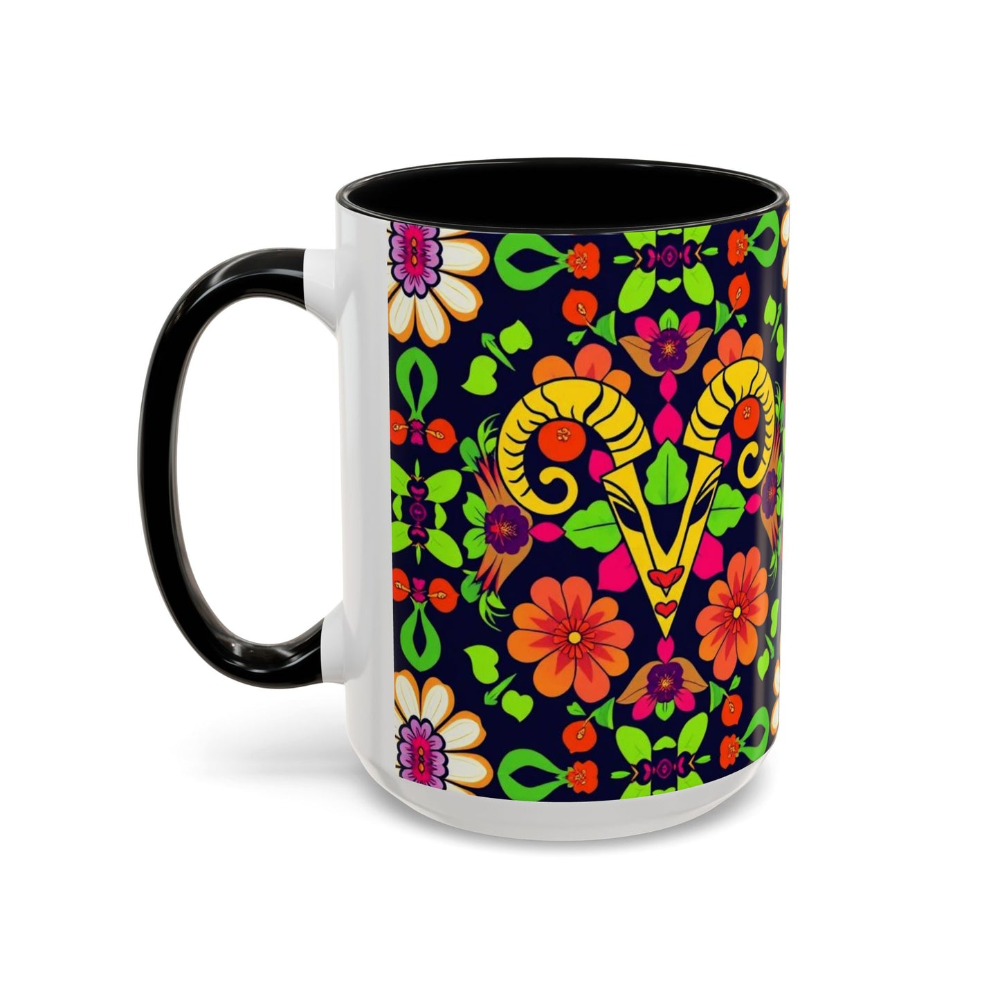 Accent Coffee Mug, Aries, Zodiac v2, Flower Pattern, (11, 15oz)