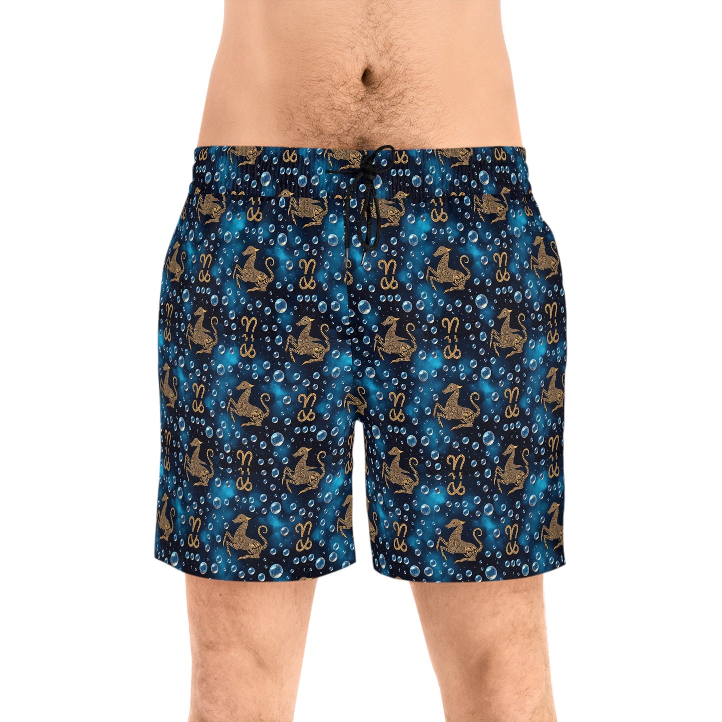 Men's Mid-Length Swim Shorts, (AOP), Capricorn, Zodiac v4, Bubble Pattern
