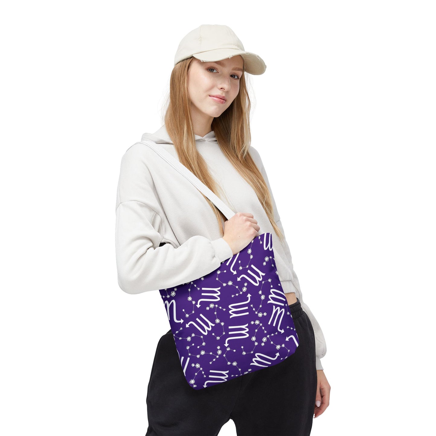 Tote Bag, Scorpio Zodiac Sign, AOP, (Purple, White)
