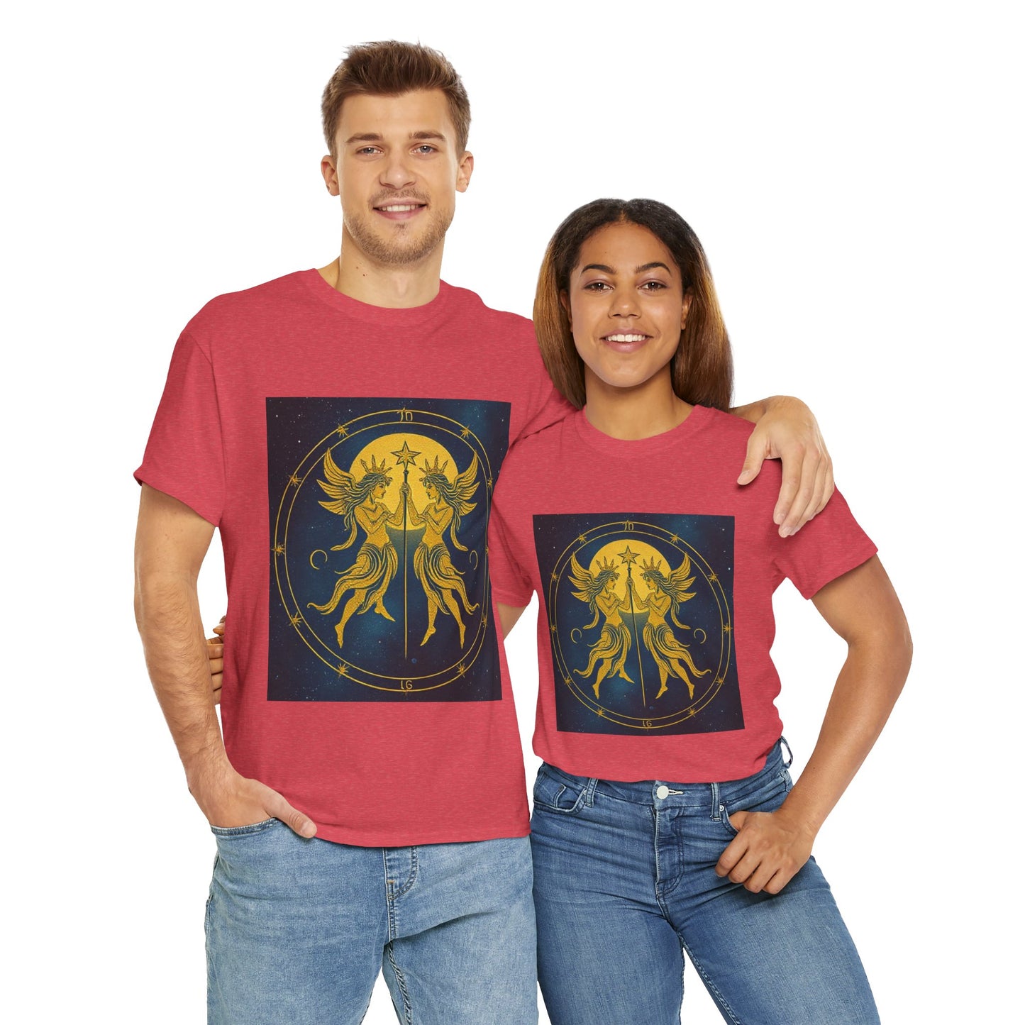 Unisex Heavy Cotton T-Shirt, Space Angel Twins v4, Gemini Zodiac Design