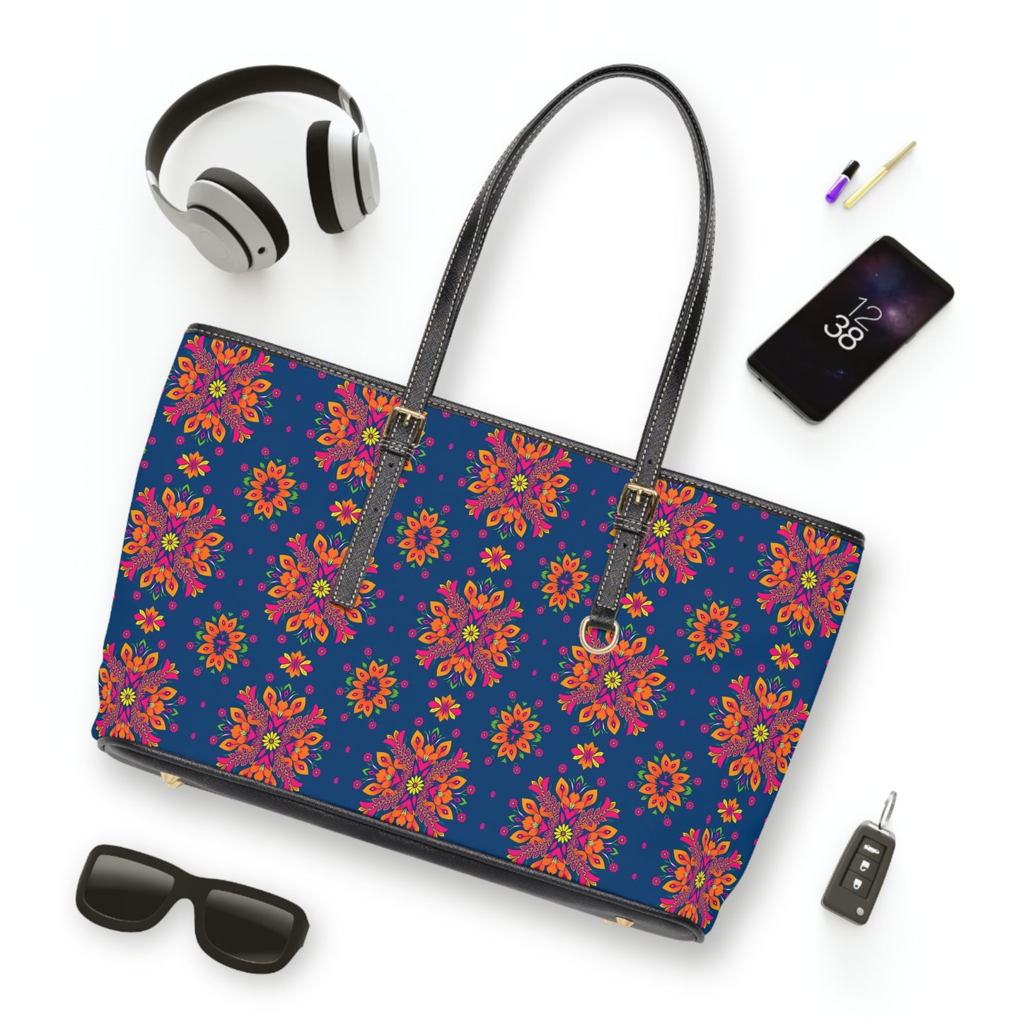 Leather Shoulder Bag, Gemini, Zodiac v1, Flower Pattern