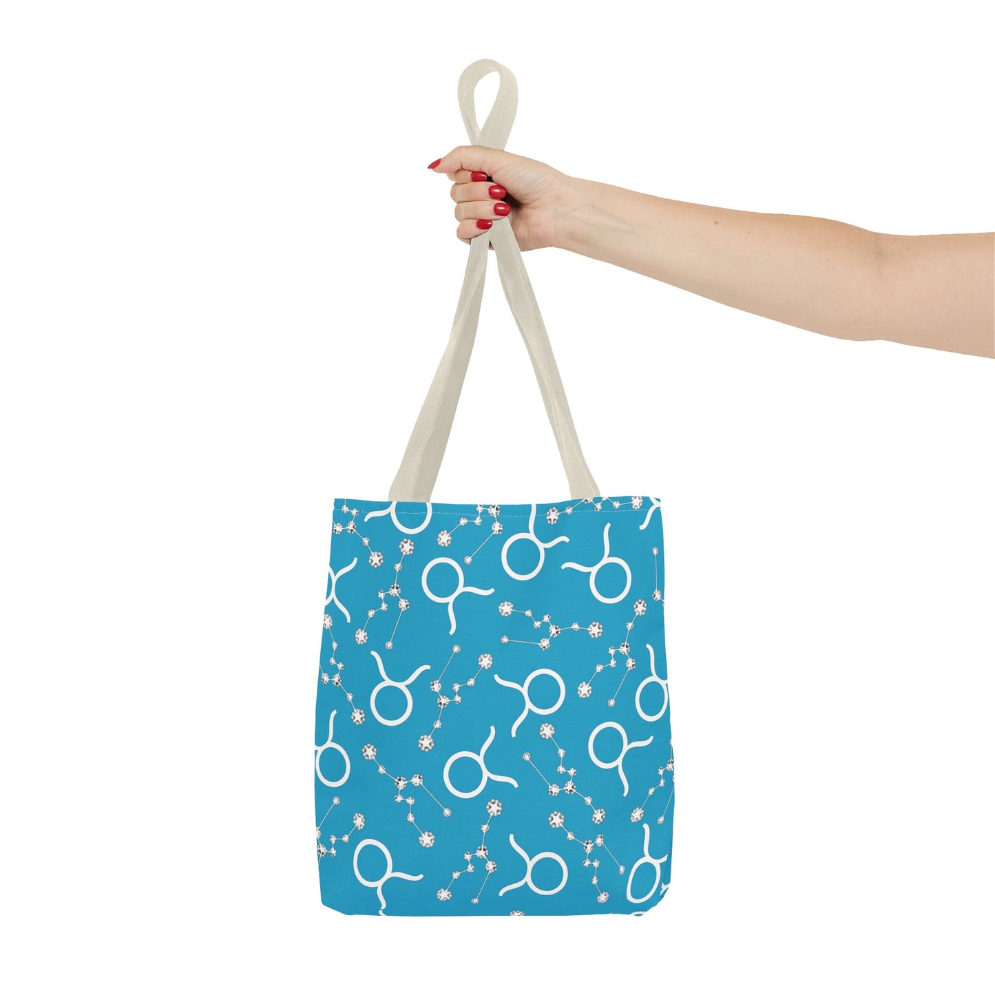Tote Bag, Taurus Zodiac Sign, AOP, (Turquoise, White)