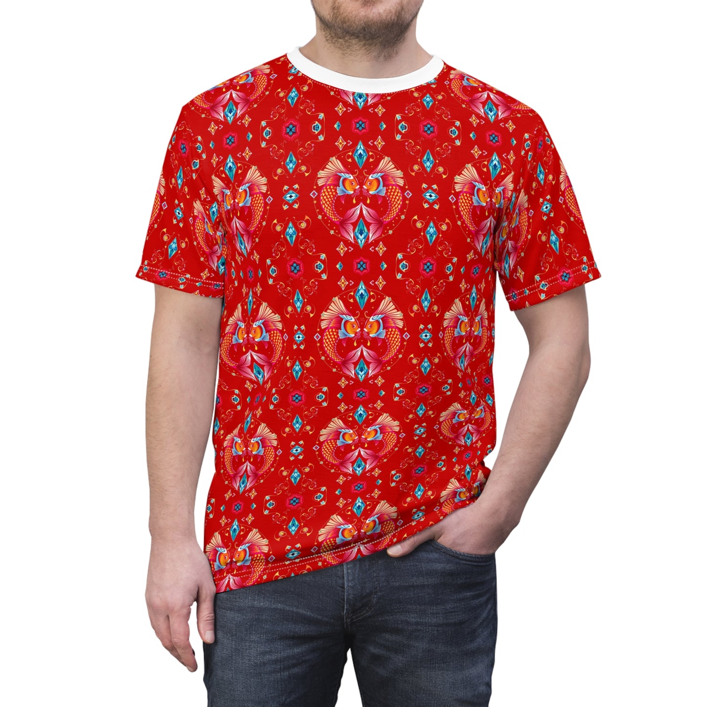 Unisex Cut & Sew T-Shirt, (AOP), Pisces, Zodiac v4, Jewels Pattern