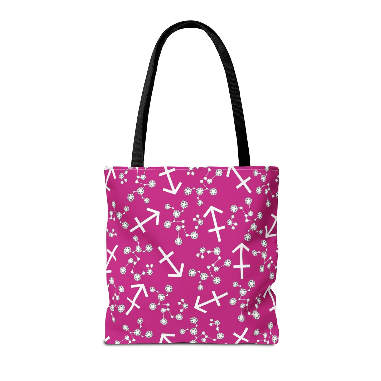 Tote Bag, Sagittarius Zodiac Sign, AOP, (Pink, White Print)