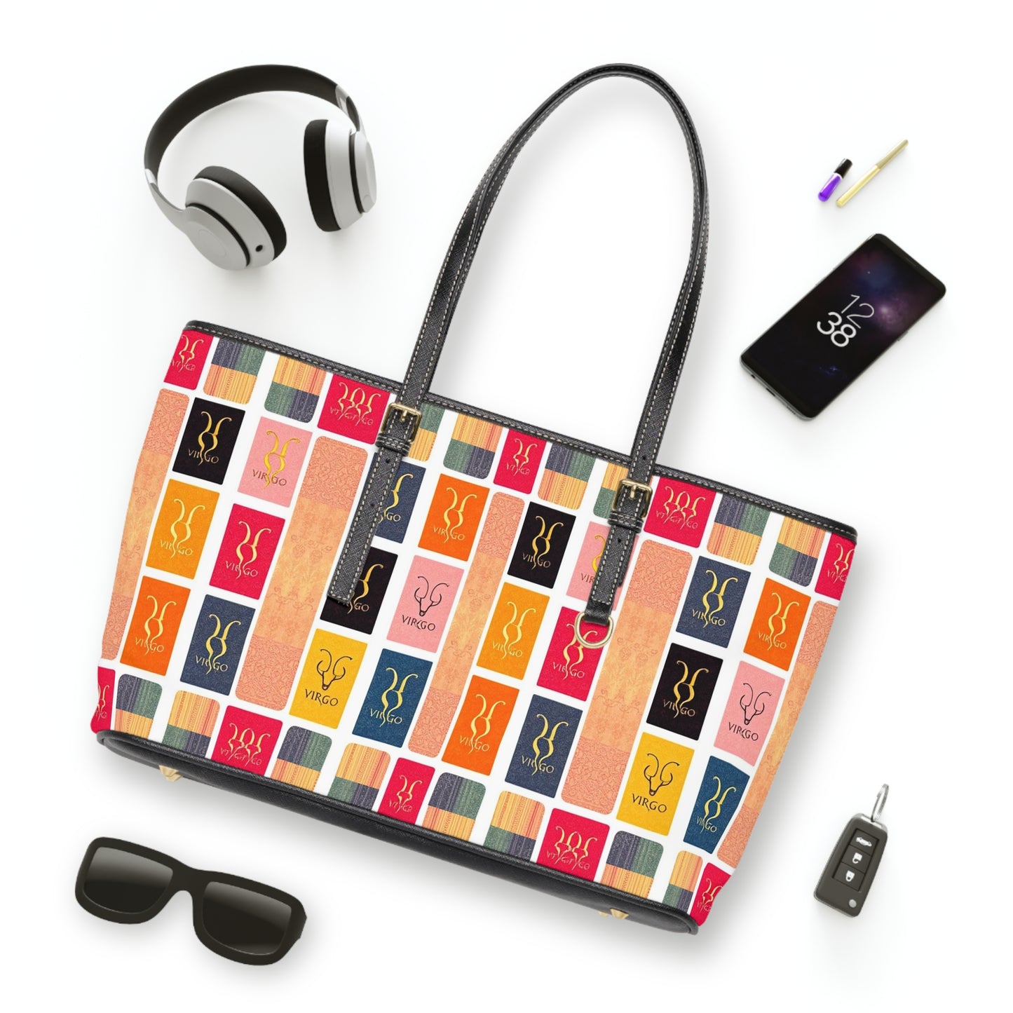 Leather Shoulder Bag, Virgo, Zodiac v3, Shapes Pattern