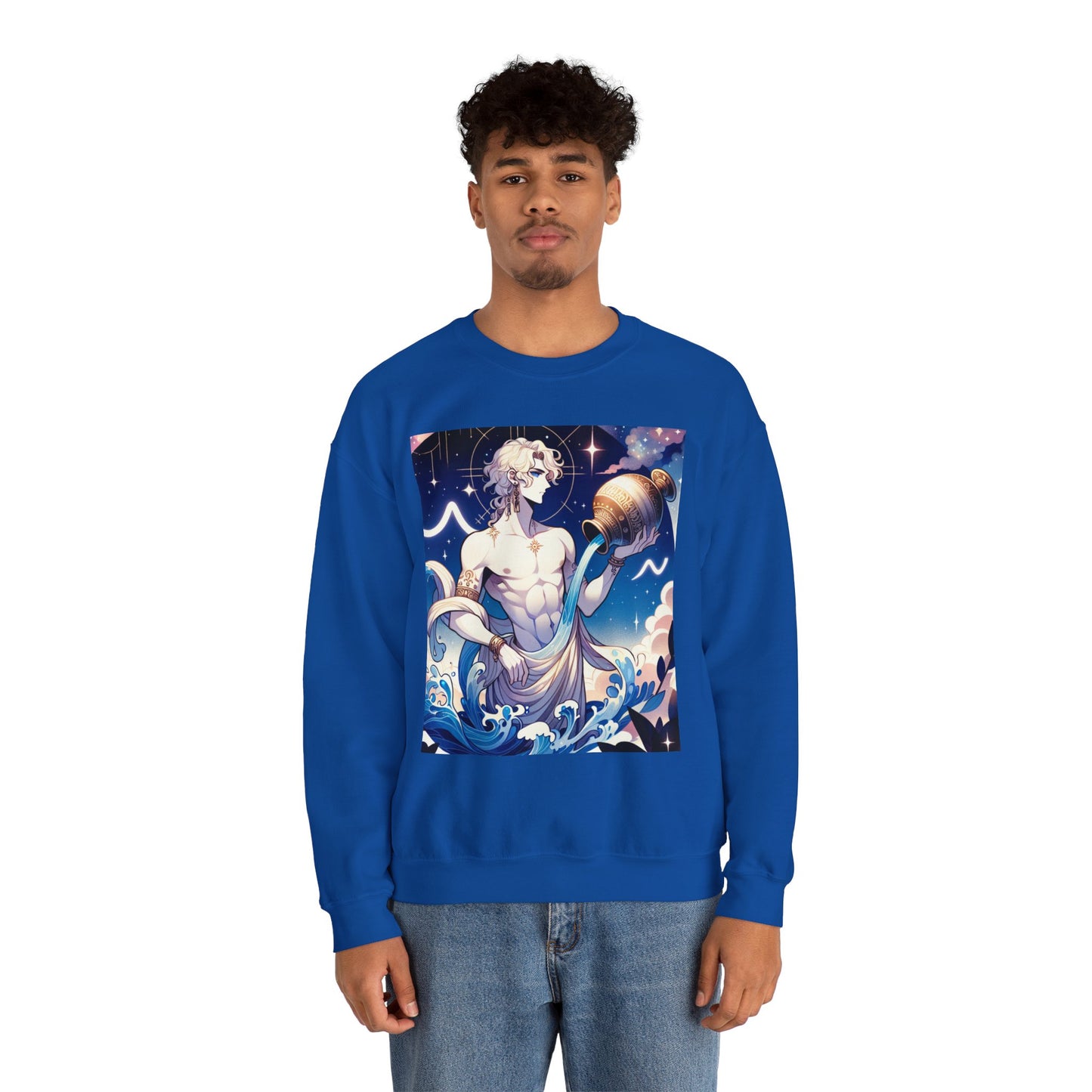 Unisex Heavy Blend™ Crewneck Sweatshirt, Anime Aqua God, Aquarius Zodiac Design