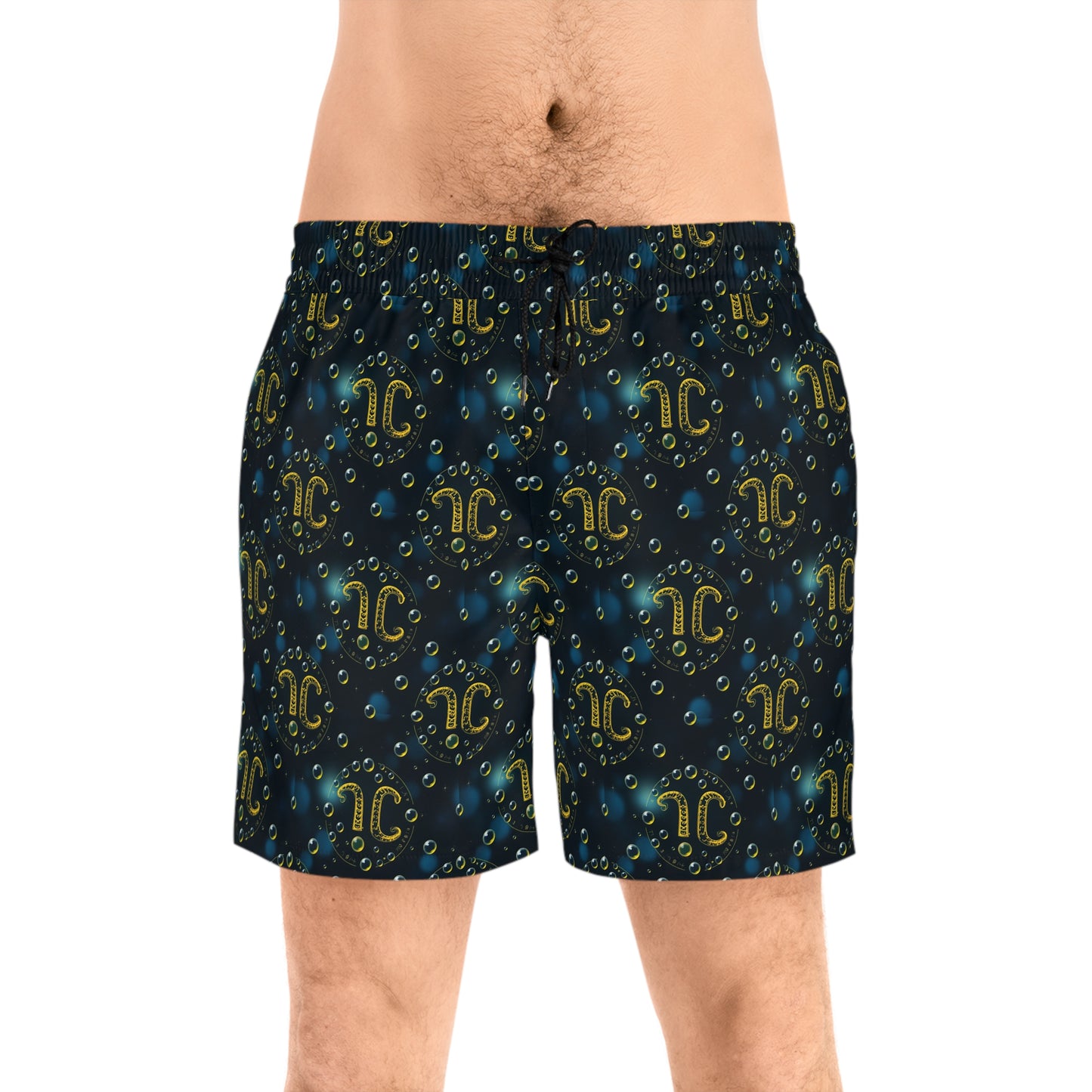 Men's Mid-Length Swim Shorts, (AOP), Aquarius, Zodiac v1, Bubble Pattern