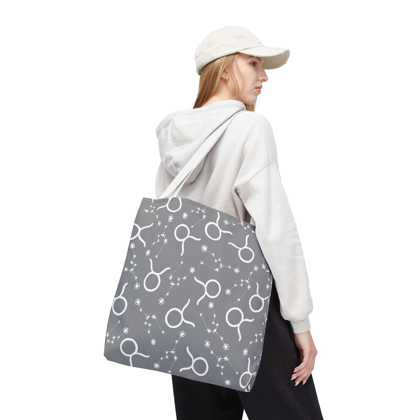 Tote Bag, Taurus Zodiac Sign, AOP, (Grey, White)