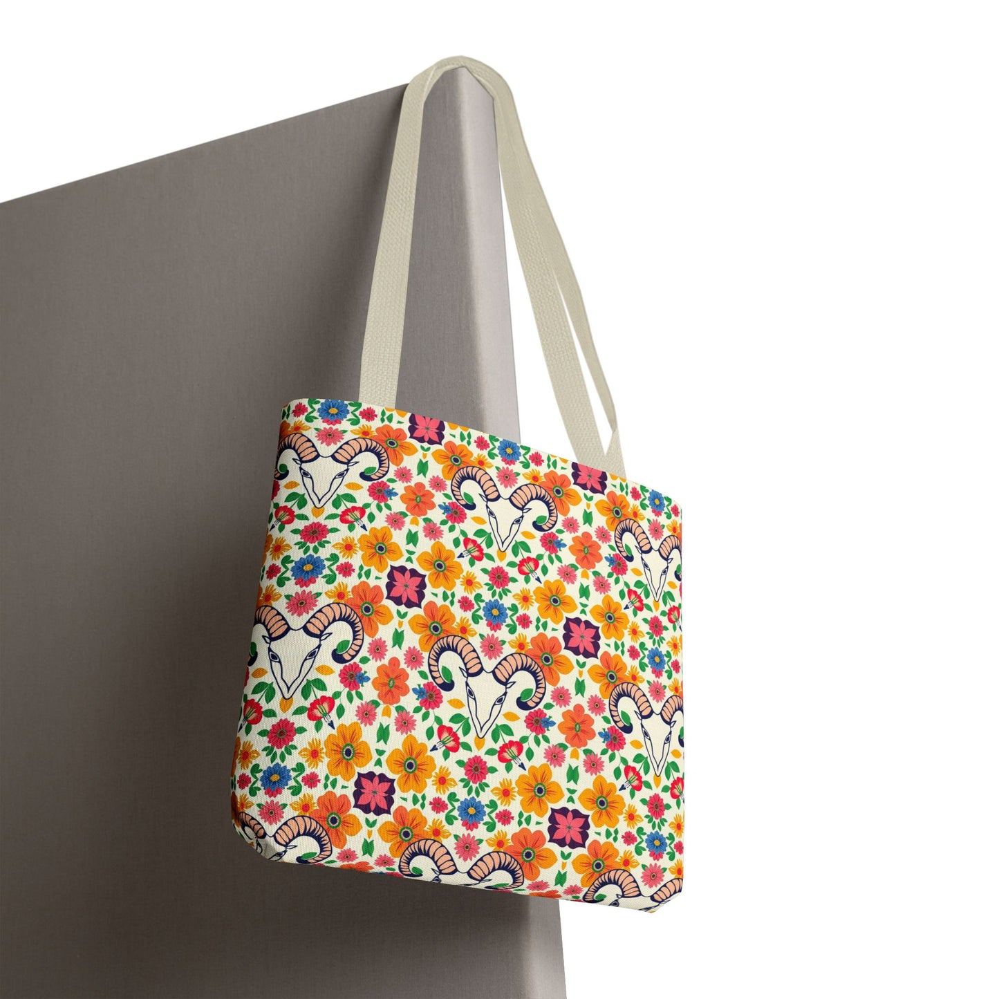 Tote Bag, (AOP), Aries, Zodiac v2, Flower Pattern