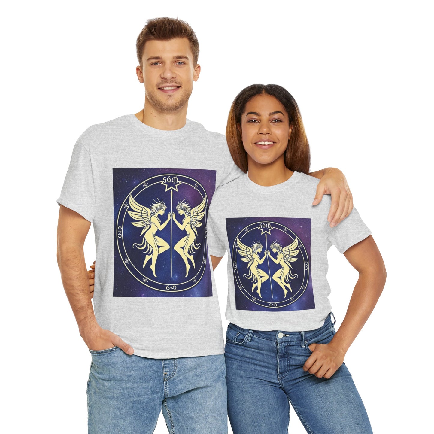 Unisex Heavy Cotton T-Shirt, Space Angel Twins, Gemini Zodiac Design