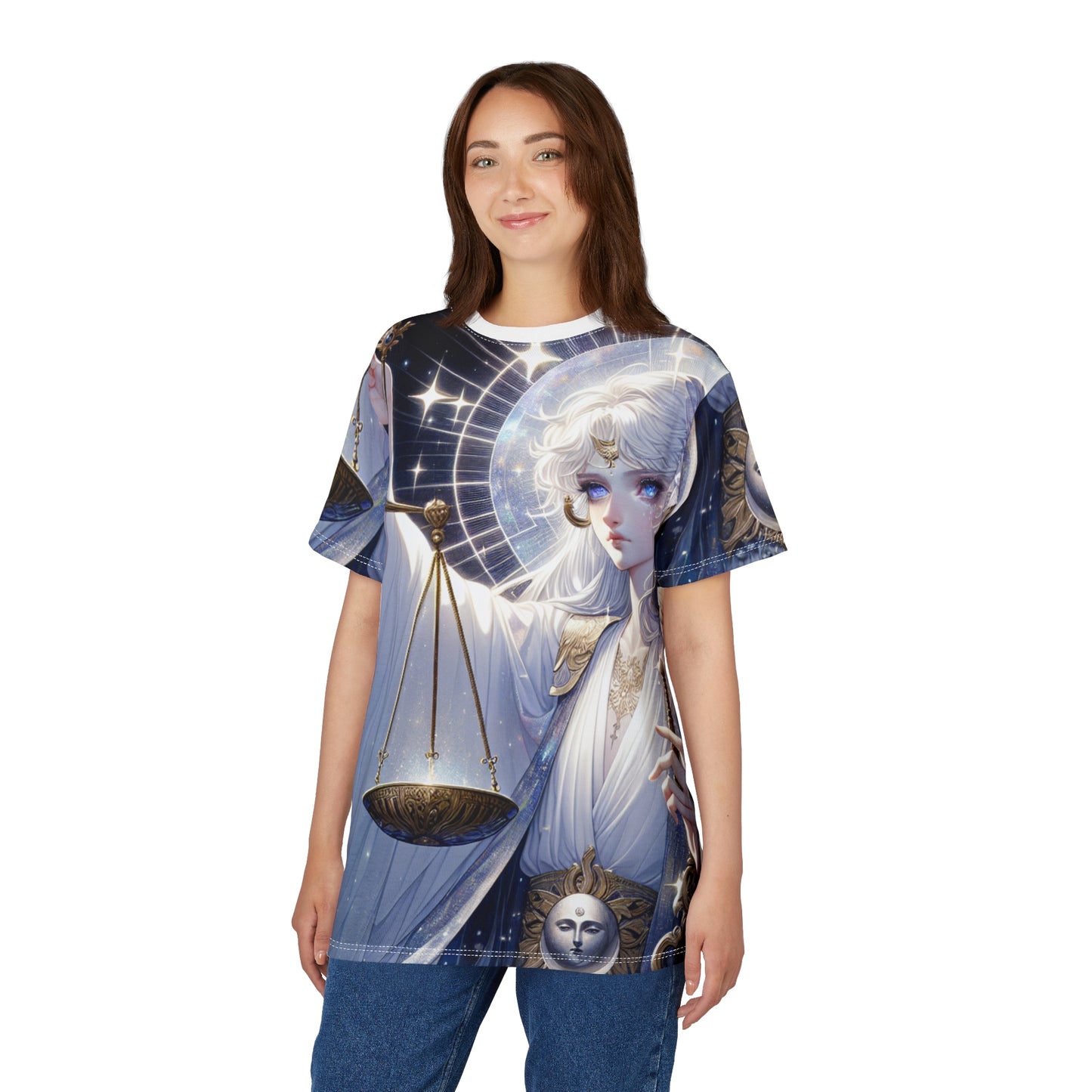Unisex Cut & Sew T-Shirt (AOP), Angel with Scale, Libra Zodiac Design, Regular fit, 100% Polyester