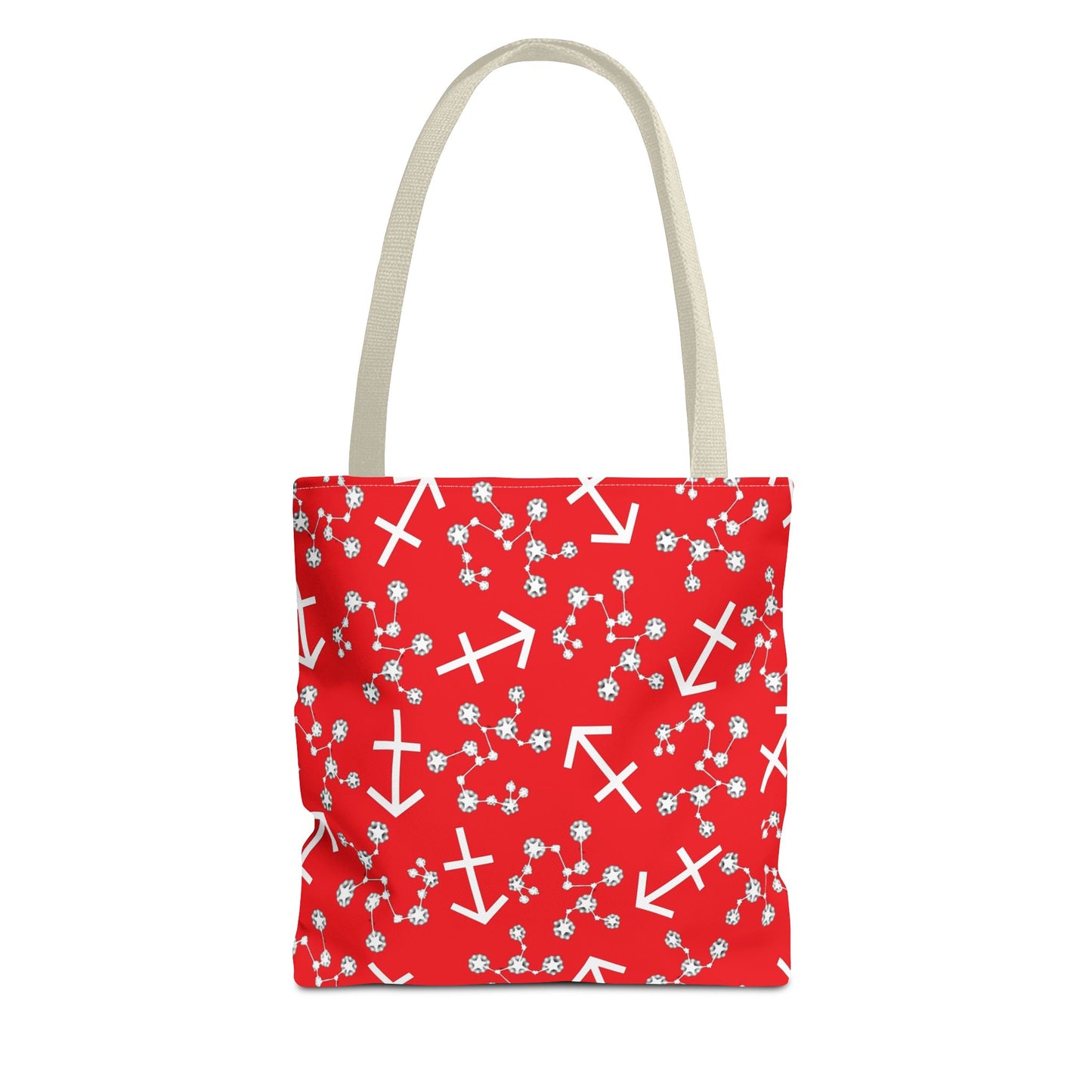 Tote Bag, Sagittarius Zodiac Sign, AOP, (Red, White Print)