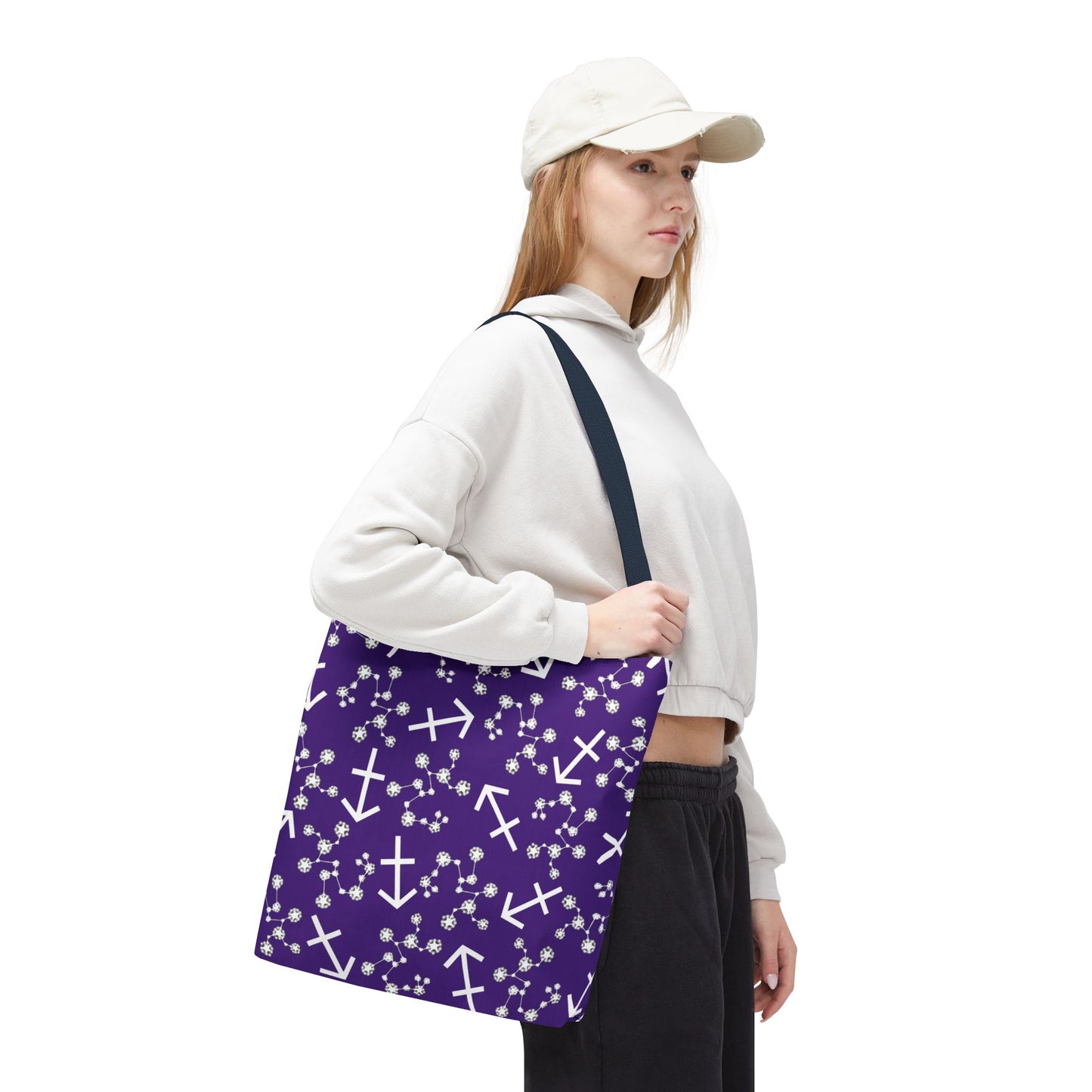 Tote Bag, Sagittarius Zodiac Sign, AOP, (Purple, White Print)