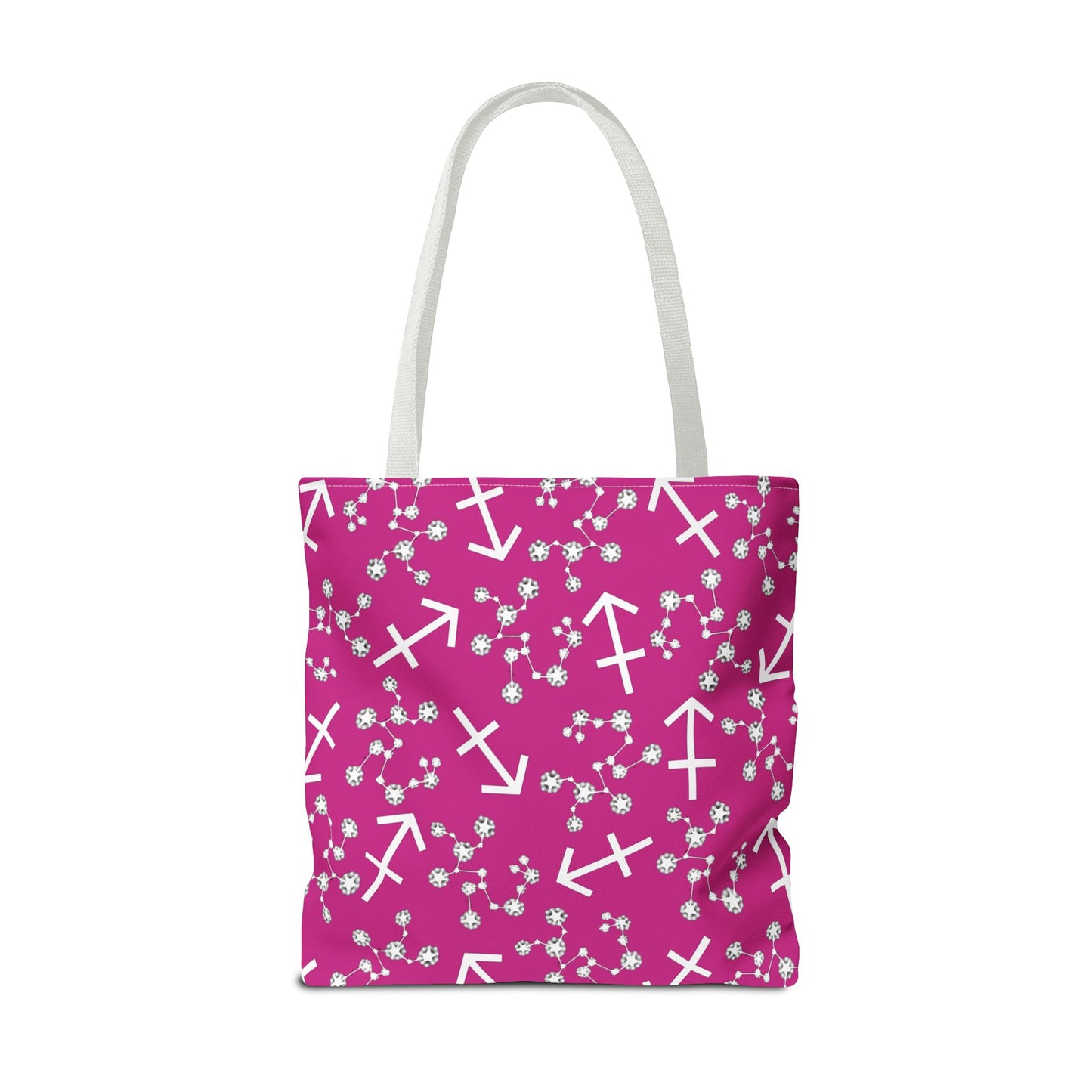 Tote Bag, Sagittarius Zodiac Sign, AOP, (Pink, White Print)