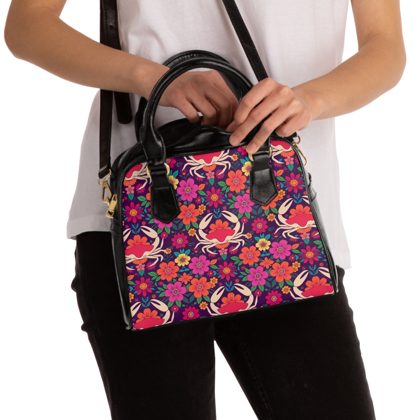 Shoulder Handbag, Cancer, Zodiac v2, Flower Pattern