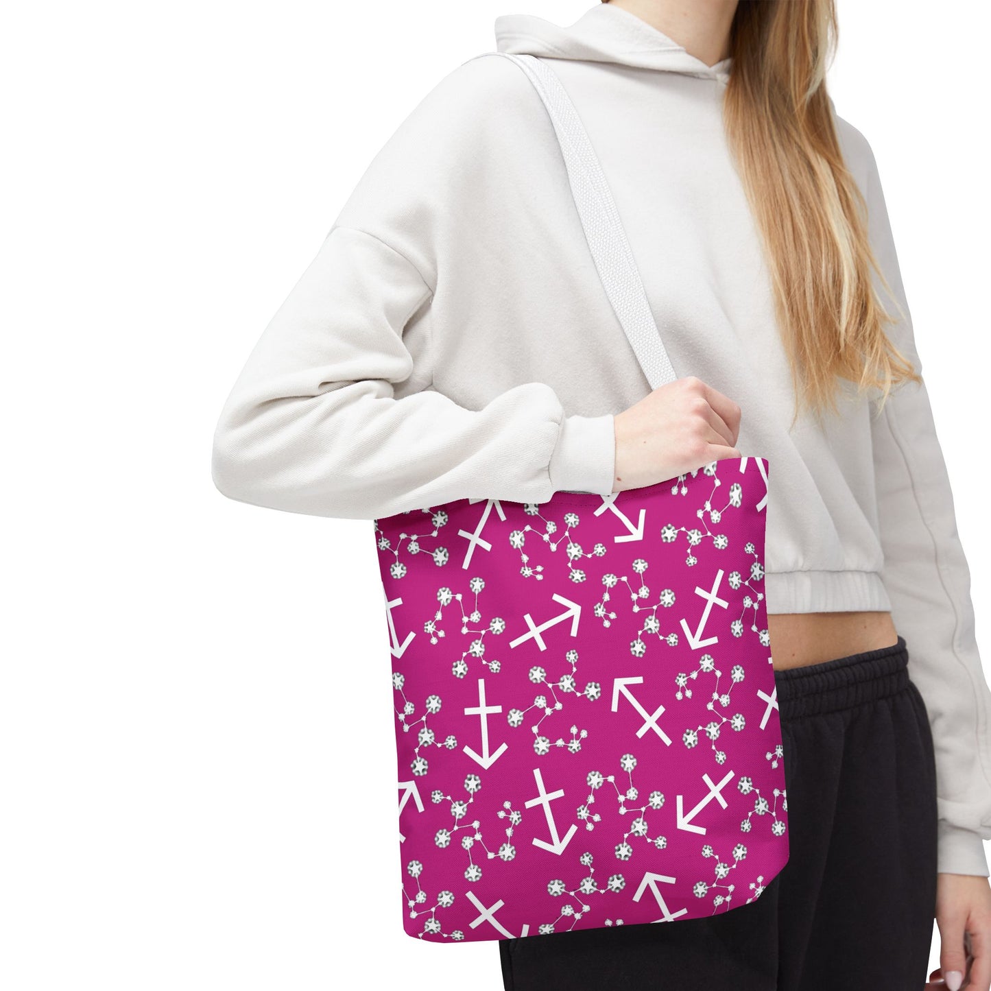 Tote Bag, Sagittarius Zodiac Sign, AOP, (Pink, White Print)