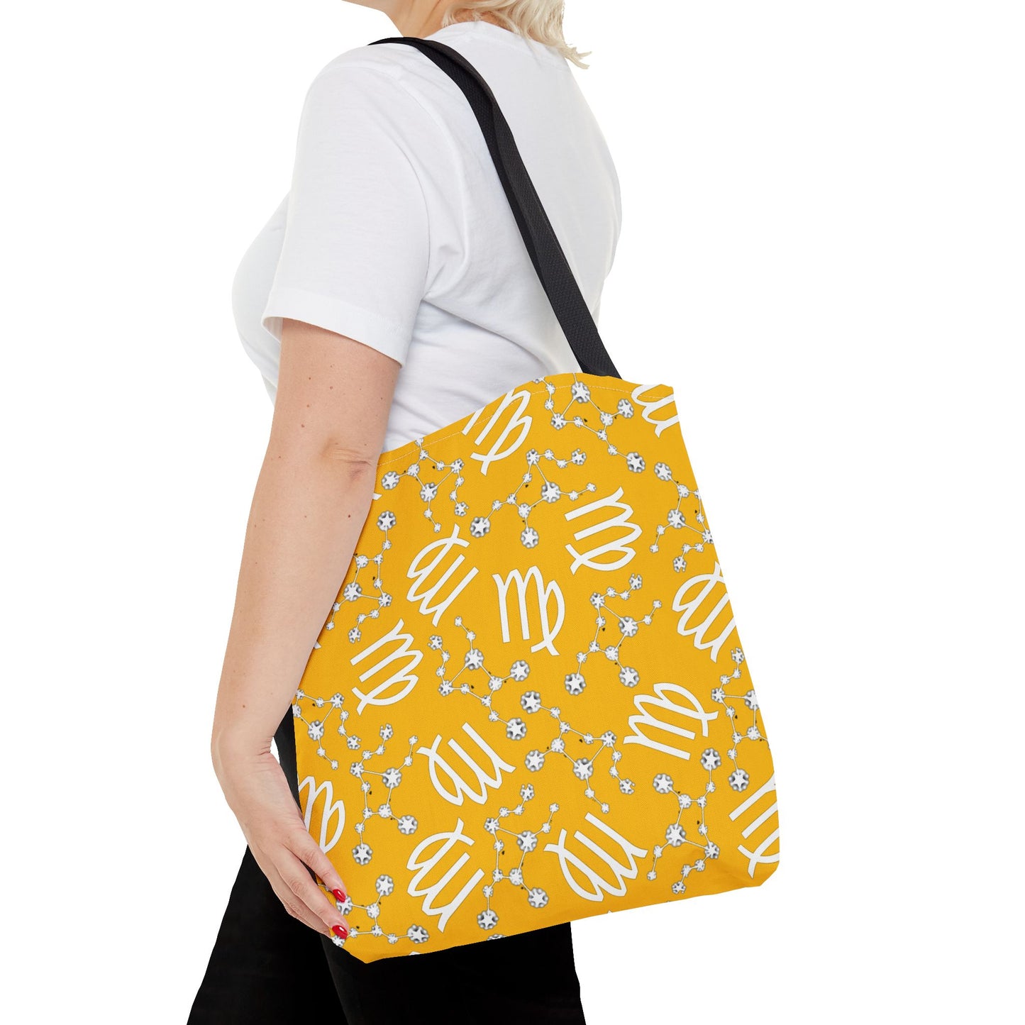 Tote Bag, Virgo Zodiac Sign, AOP, (Yellow White)
