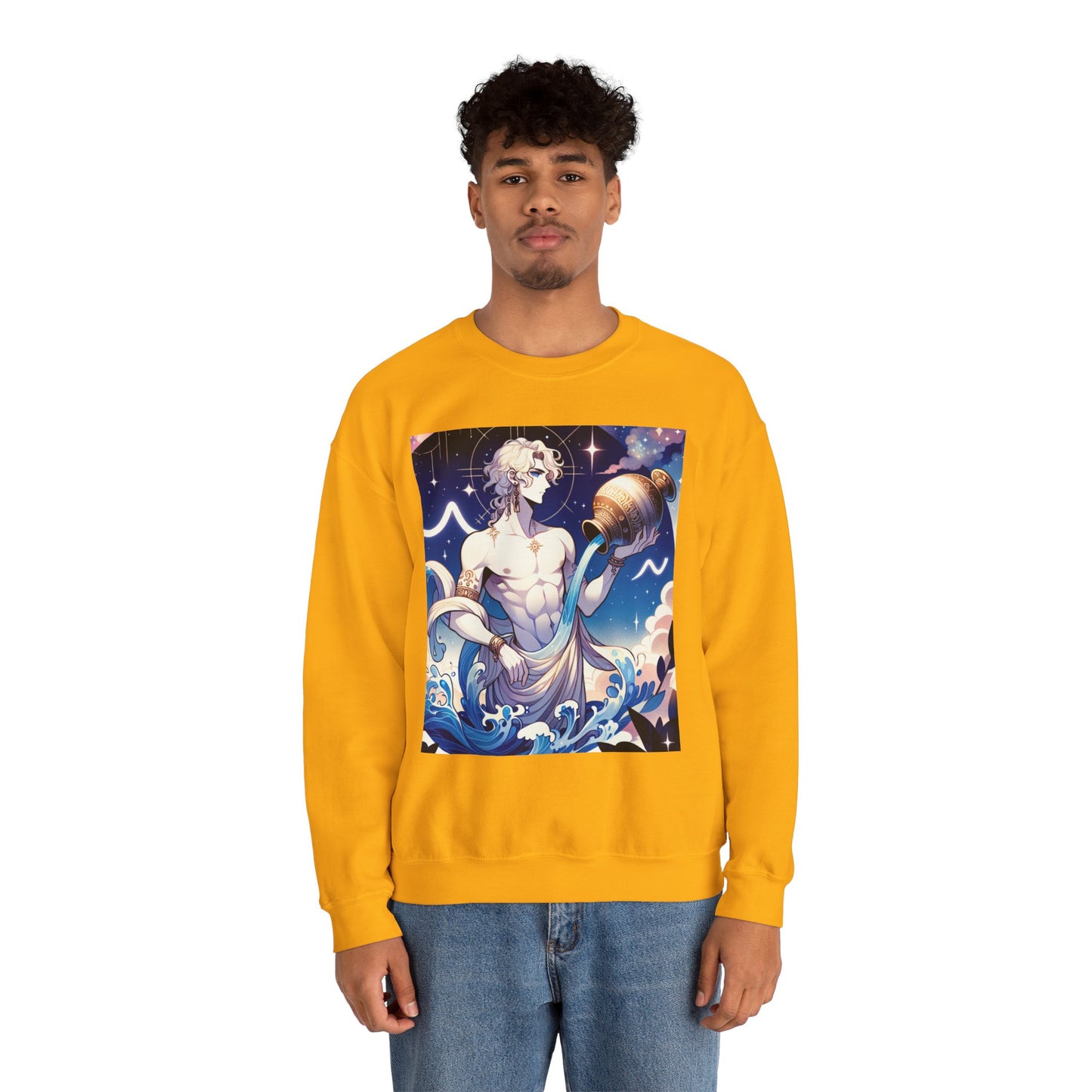 Unisex Heavy Blend™ Crewneck Sweatshirt, Anime Aqua God, Aquarius Zodiac Design