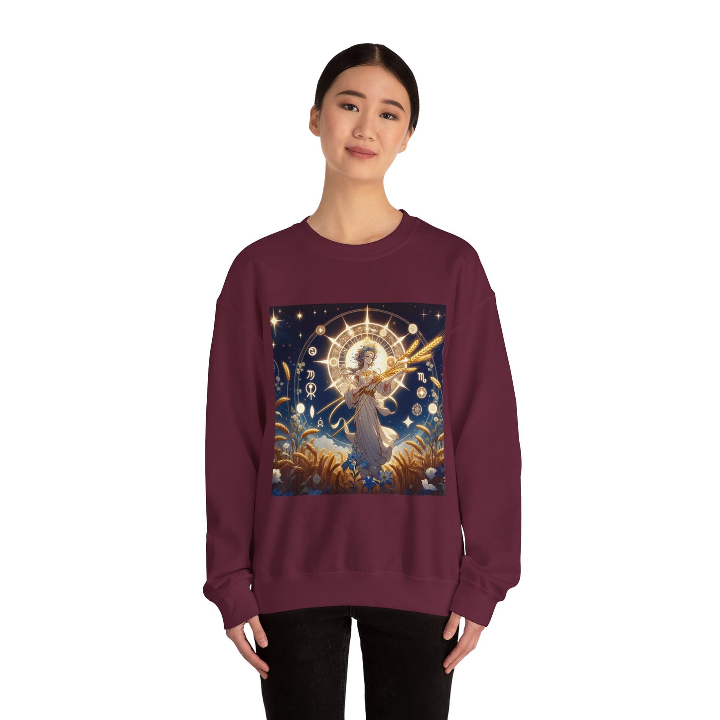 Unisex Heavy Blend™ Crewneck Sweatshirt, anime girl in wheat field, Virgo Zodiac Design