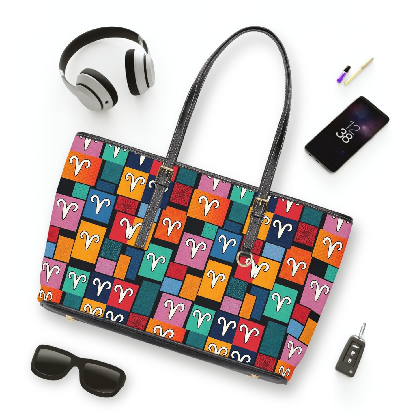 Leather Shoulder Bag, Aries, Zodiac v2, Shapes Pattern