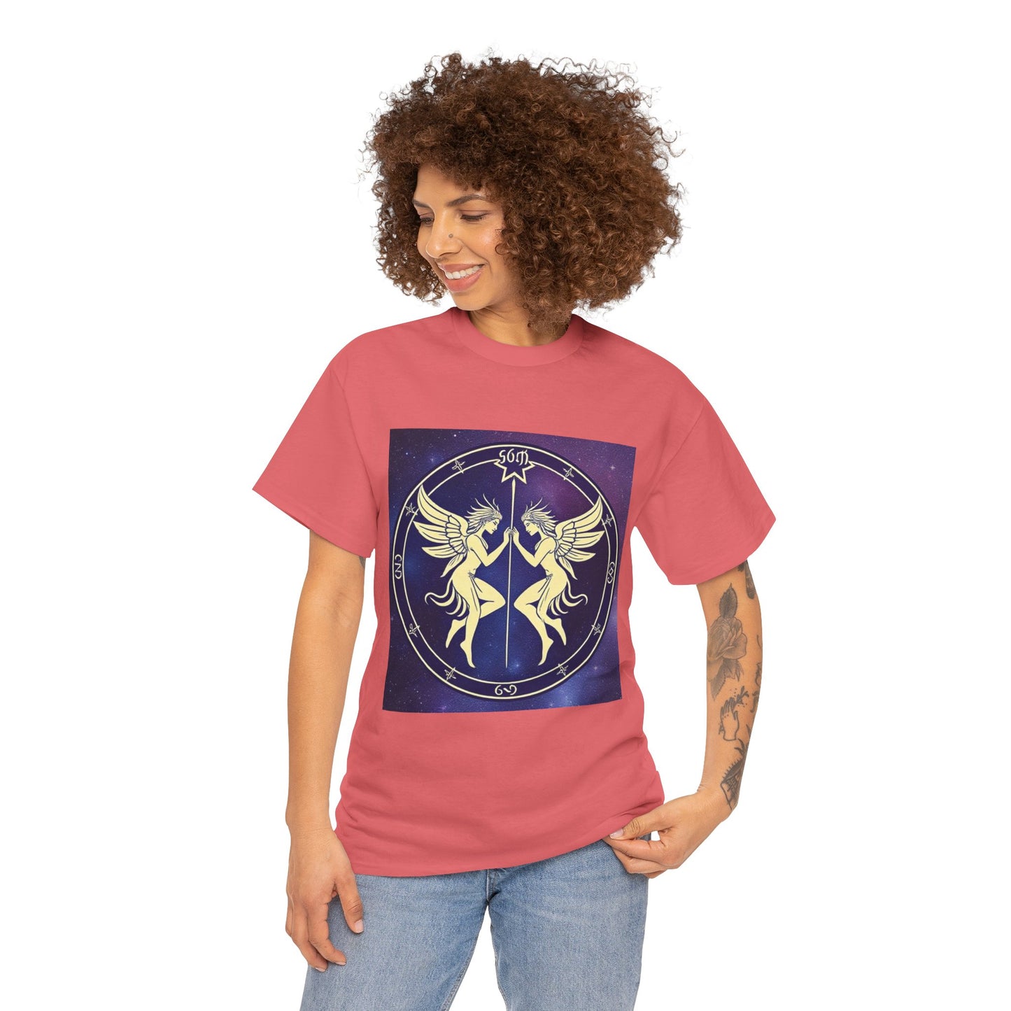 Unisex Heavy Cotton T-Shirt, Space Angel Twins, Gemini Zodiac Design