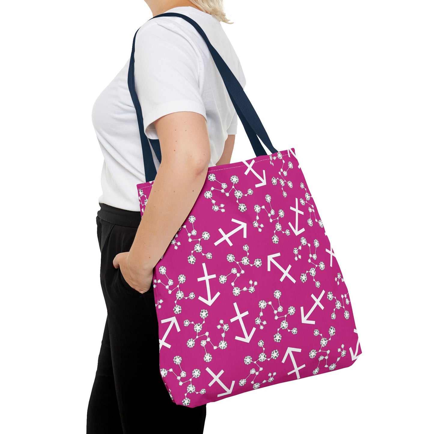 Tote Bag, Sagittarius Zodiac Sign, AOP, (Pink, White Print)