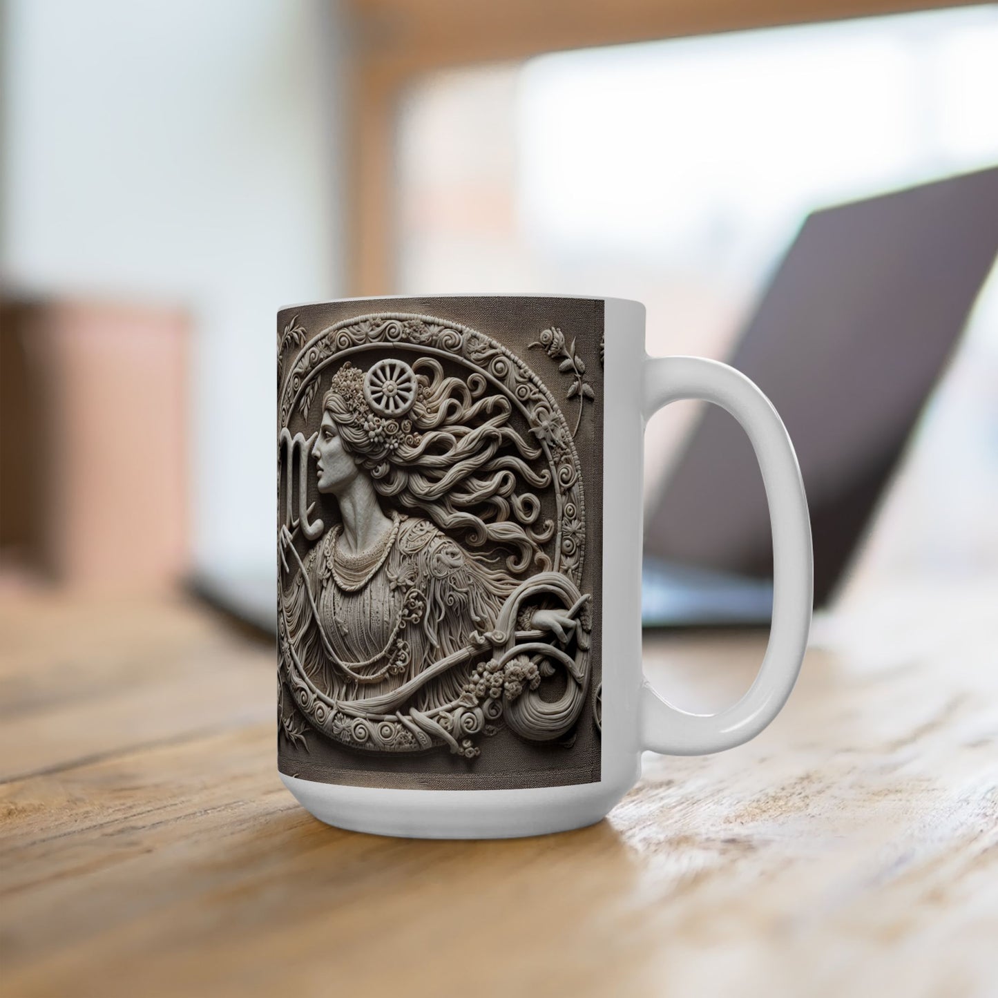 Ceramic Mug, (11oz, 15oz), Ceramic Coffee Mug, Woman Stone Carving, Virgo Zodiac Design
