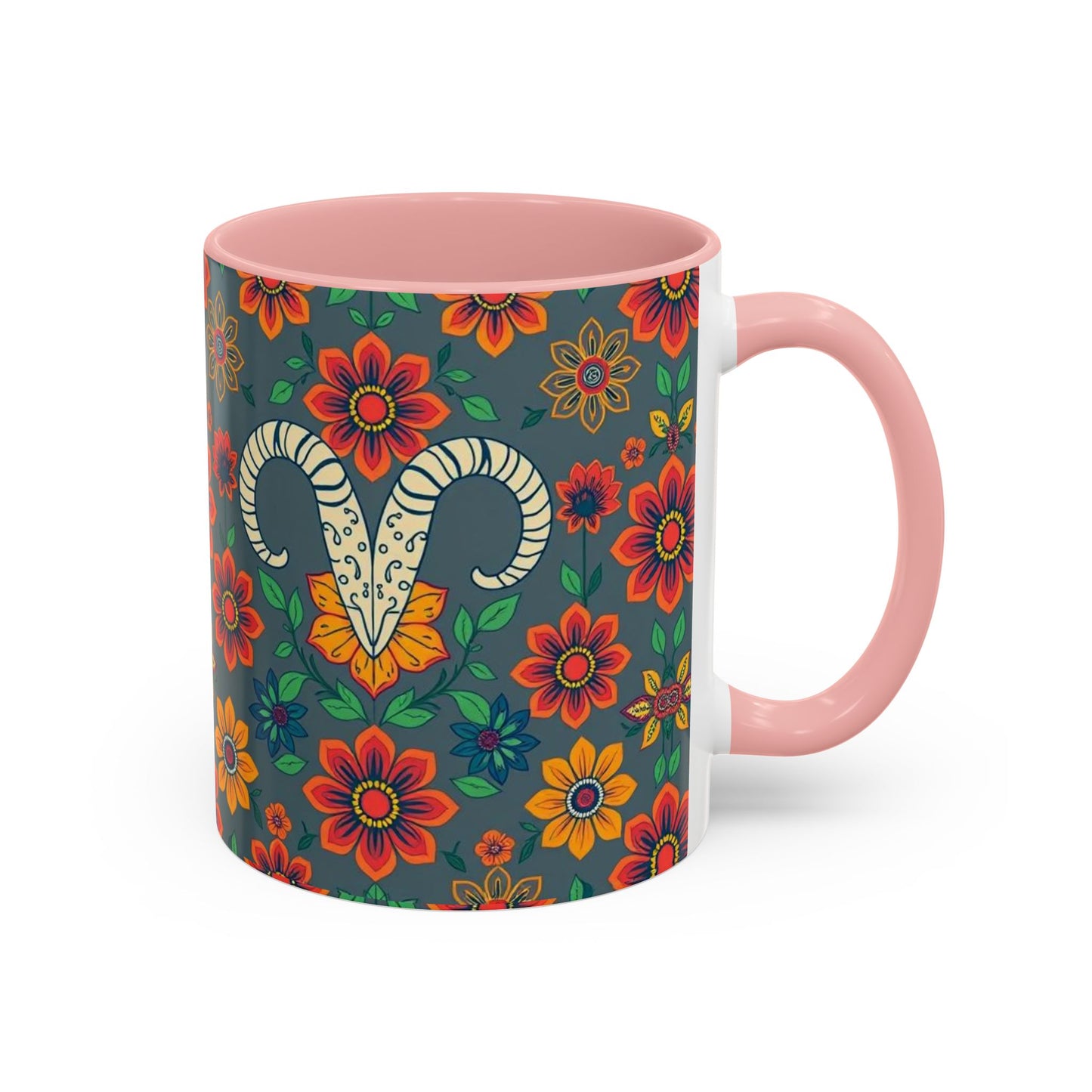 Accent Coffee Mug, Aries, Zodiac v4, Flower Pattern, (11, 15oz)