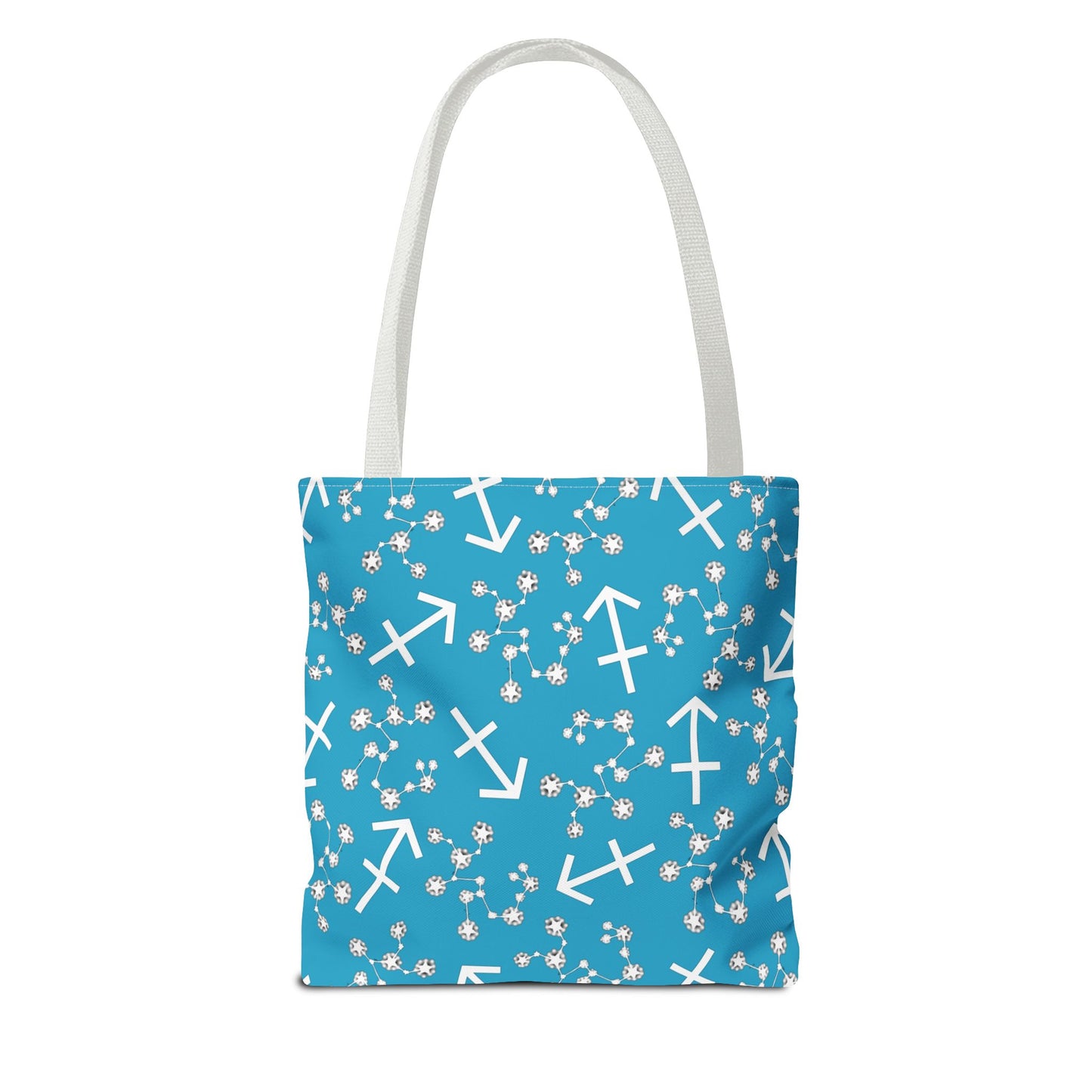 Tote Bag, Sagittarius Zodiac Sign, AOP, (Turquoise, White Print)