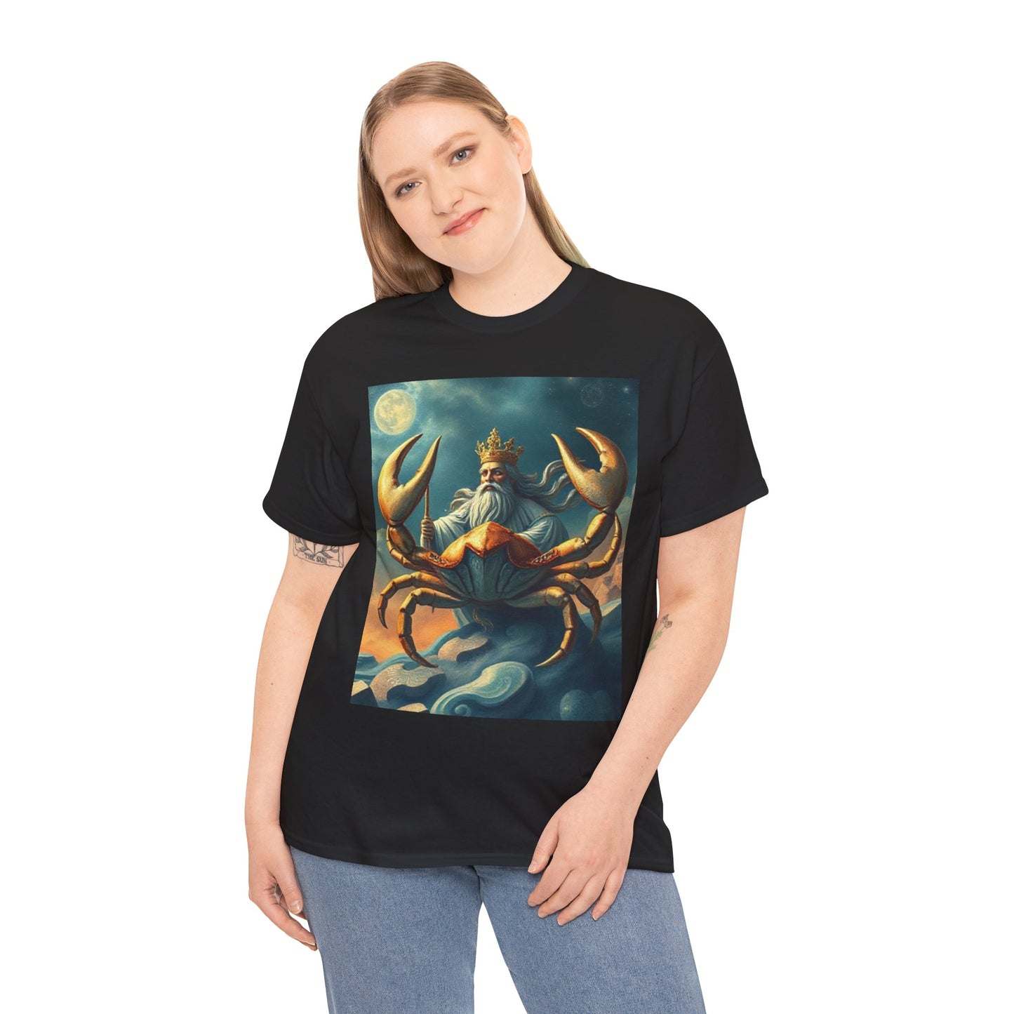 Unisex Heavy Cotton T-Shirt, Crustacean King v1, Cancer Zodiac Design
