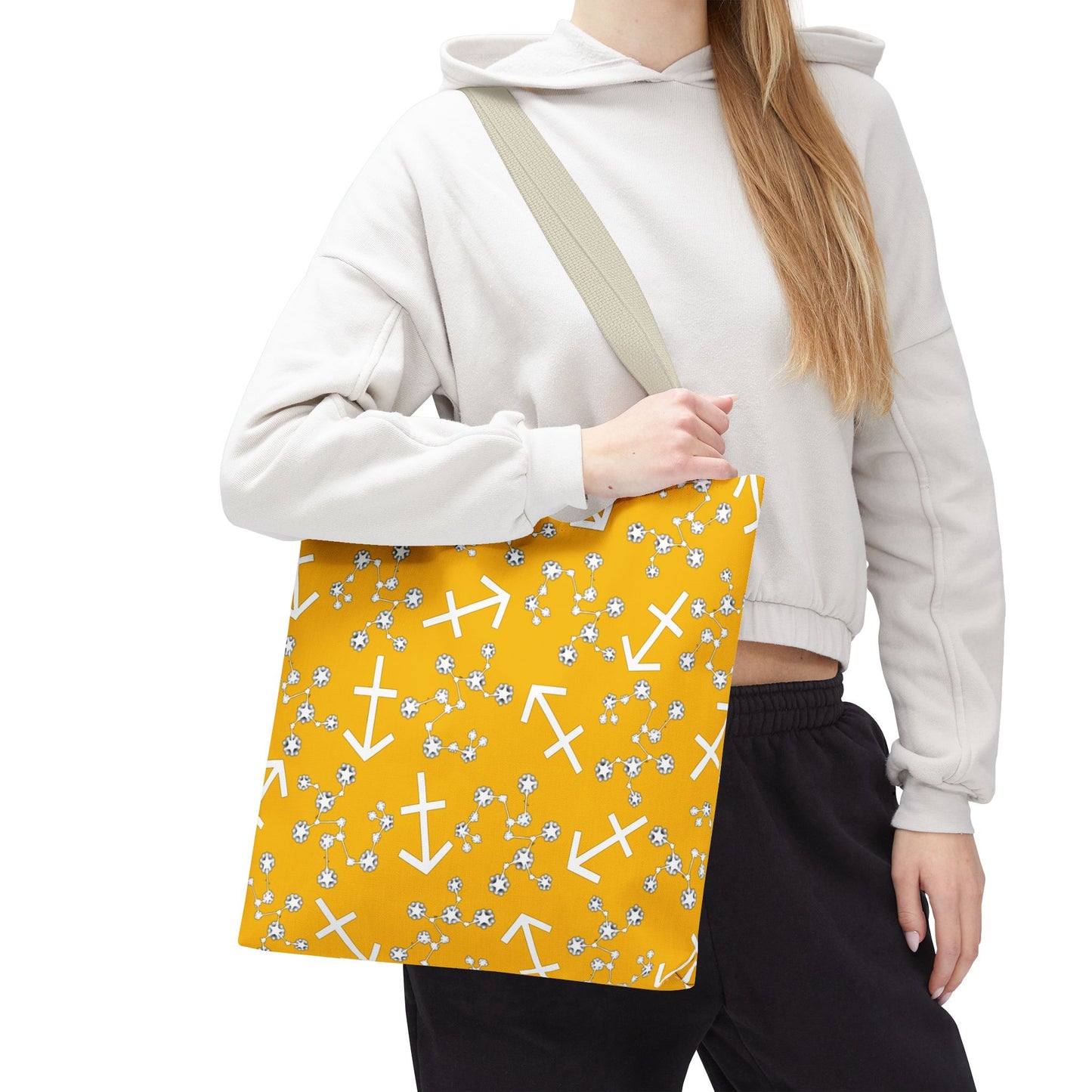 Tote Bag, Sagittarius Zodiac Sign, AOP, (Yellow, White Print)
