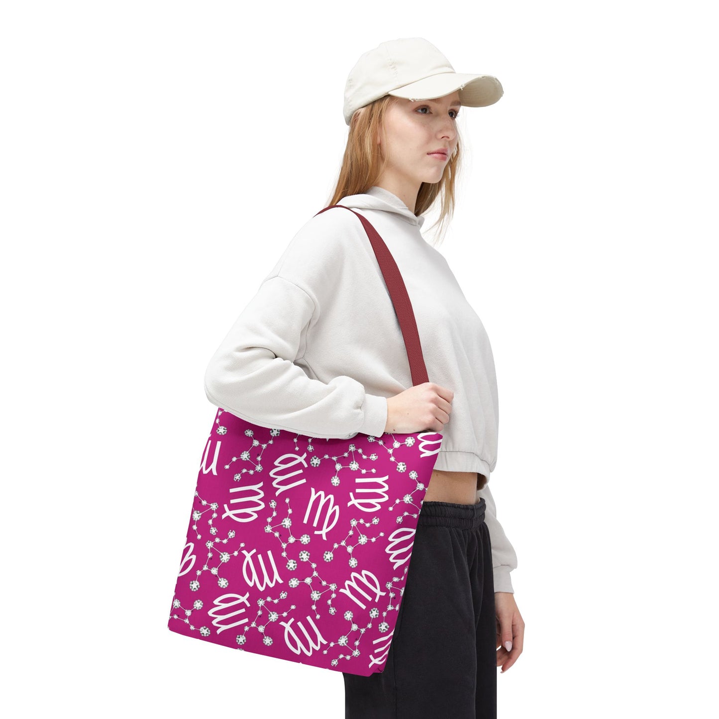 Tote Bag, Virgo Zodiac Sign, AOP, (Pink, White)