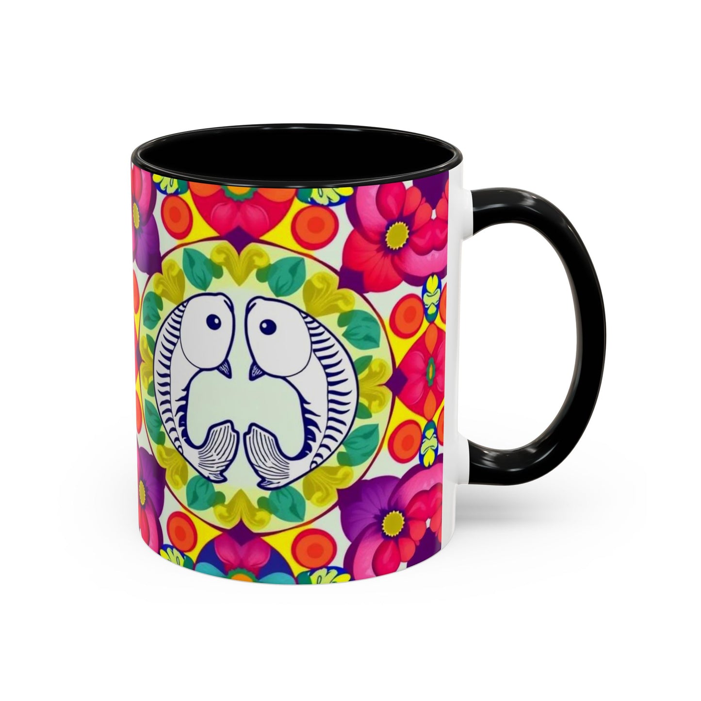 Accent Coffee Mug, Pisces, Zodiac v4, Flower Pattern, (11, 15oz)
