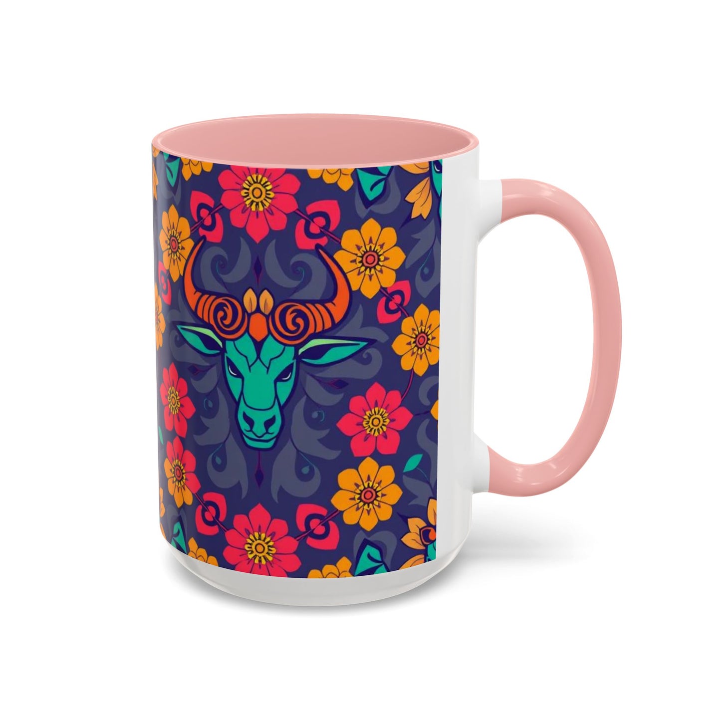 Accent Coffee Mug, Taurus, Zodiac. Flower Pattern, (11, 15oz)