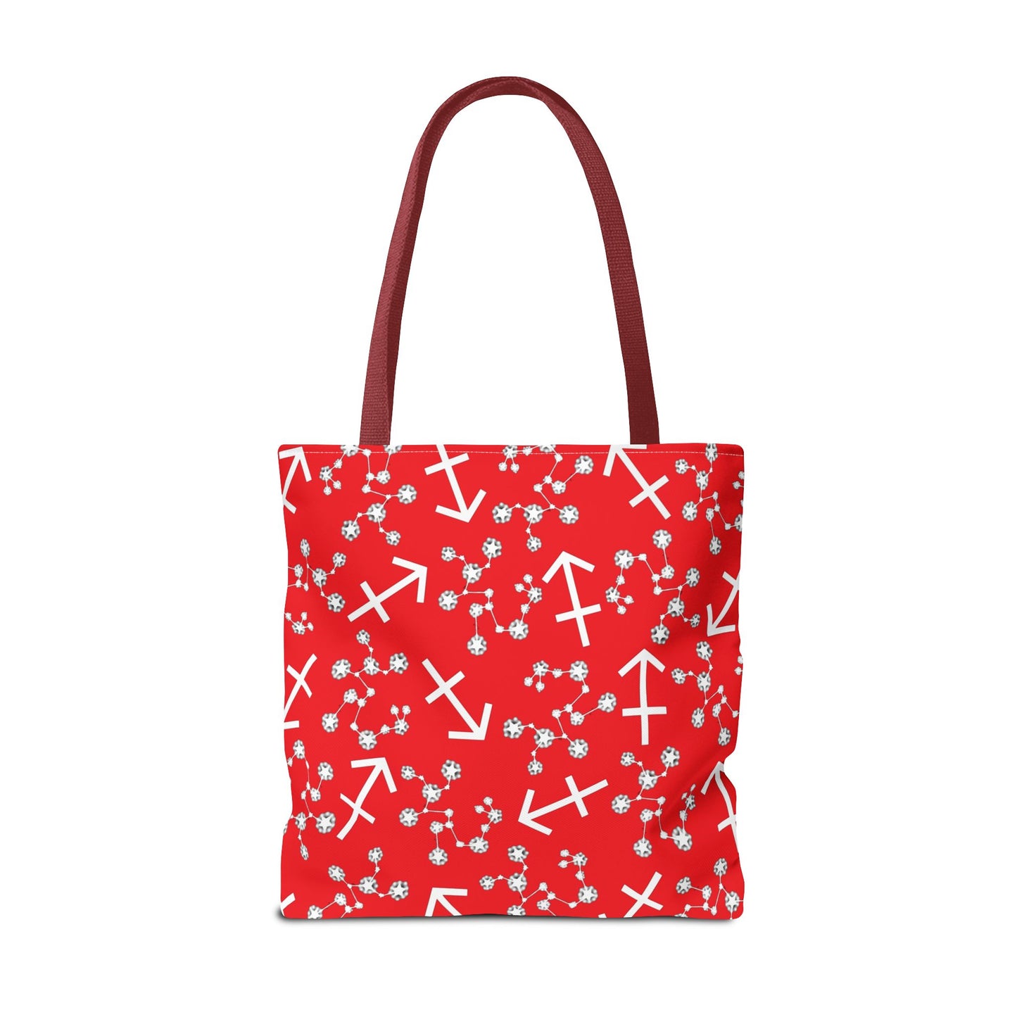 Tote Bag, Sagittarius Zodiac Sign, AOP, (Red, White Print)