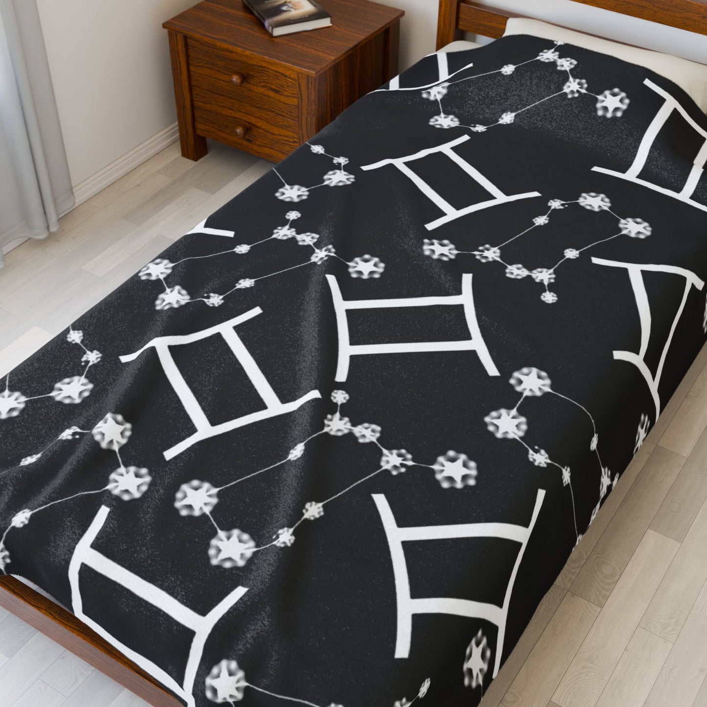 Velveteen Plush Blanket, Gemini Zodiac Sign, Constellation & Symbol, Black, 100% polyester