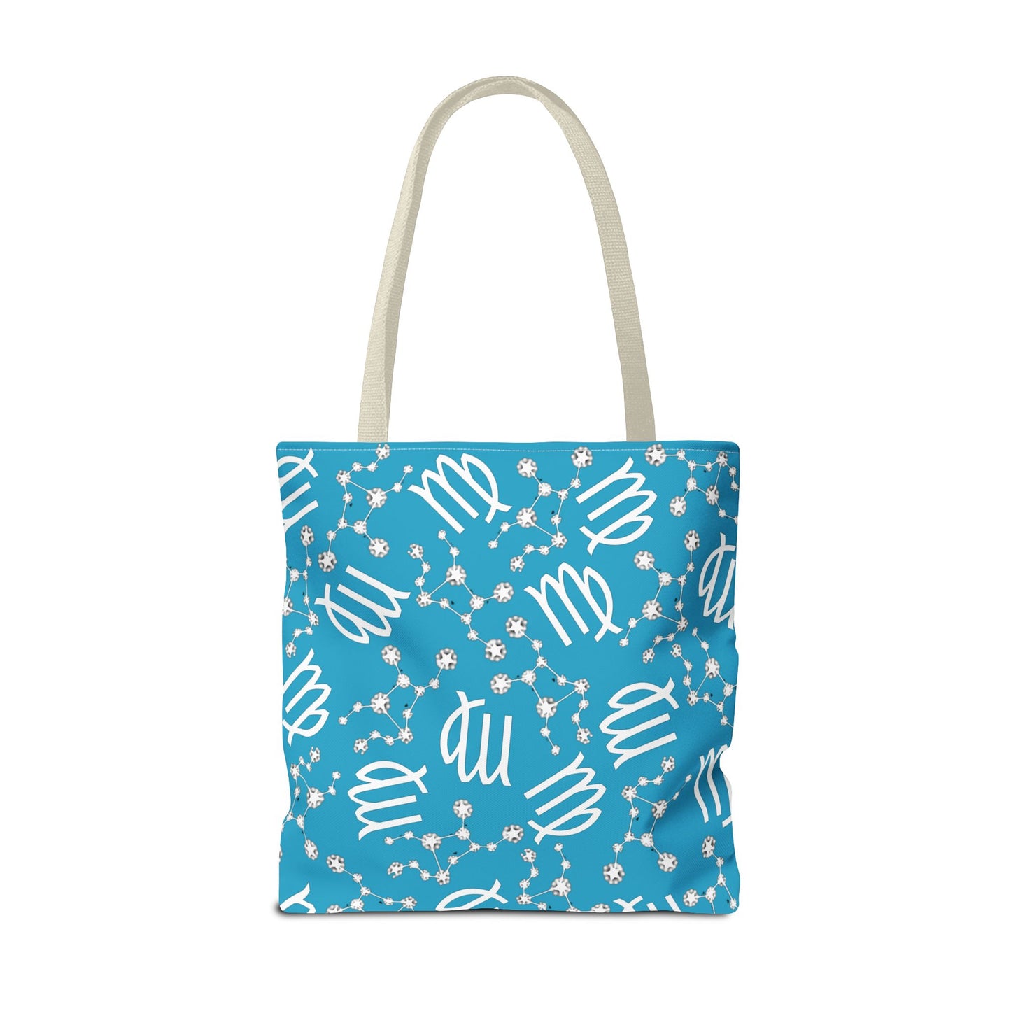 Tote Bag, Virgo Zodiac Sign, AOP, (Turquoise, White)