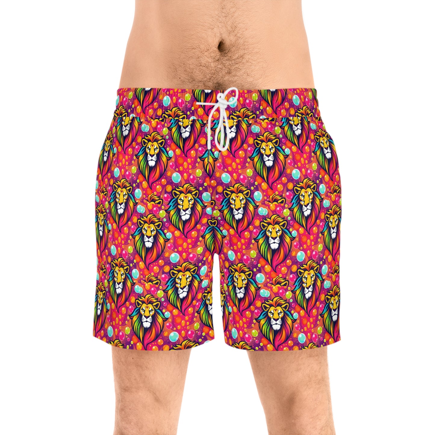Men's Mid-Length Swim Shorts, (AOP), Leo, Zodiac, Bubble Pattern