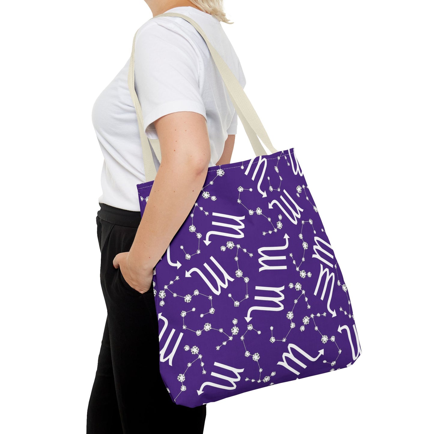 Tote Bag, Scorpio Zodiac Sign, AOP, (Purple, White)