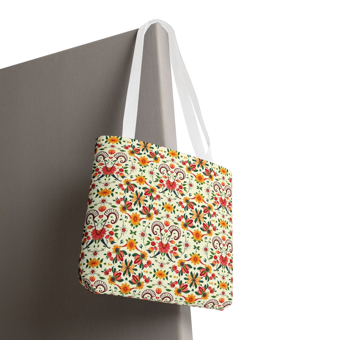 Tote Bag, (AOP), Aries, Zodiac v6, Flower Pattern