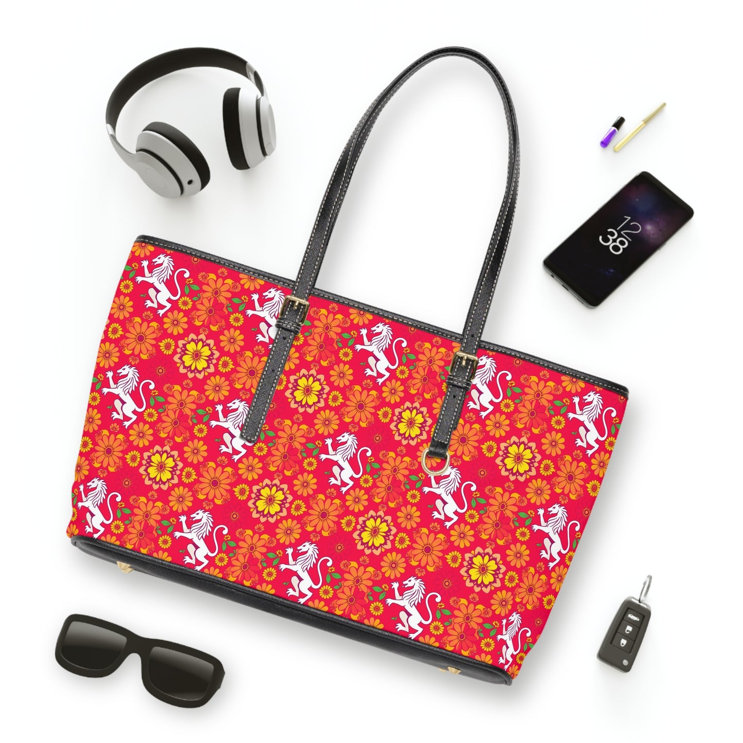 Leather Shoulder Bag, Leo, Zodiac, Flower Pattern